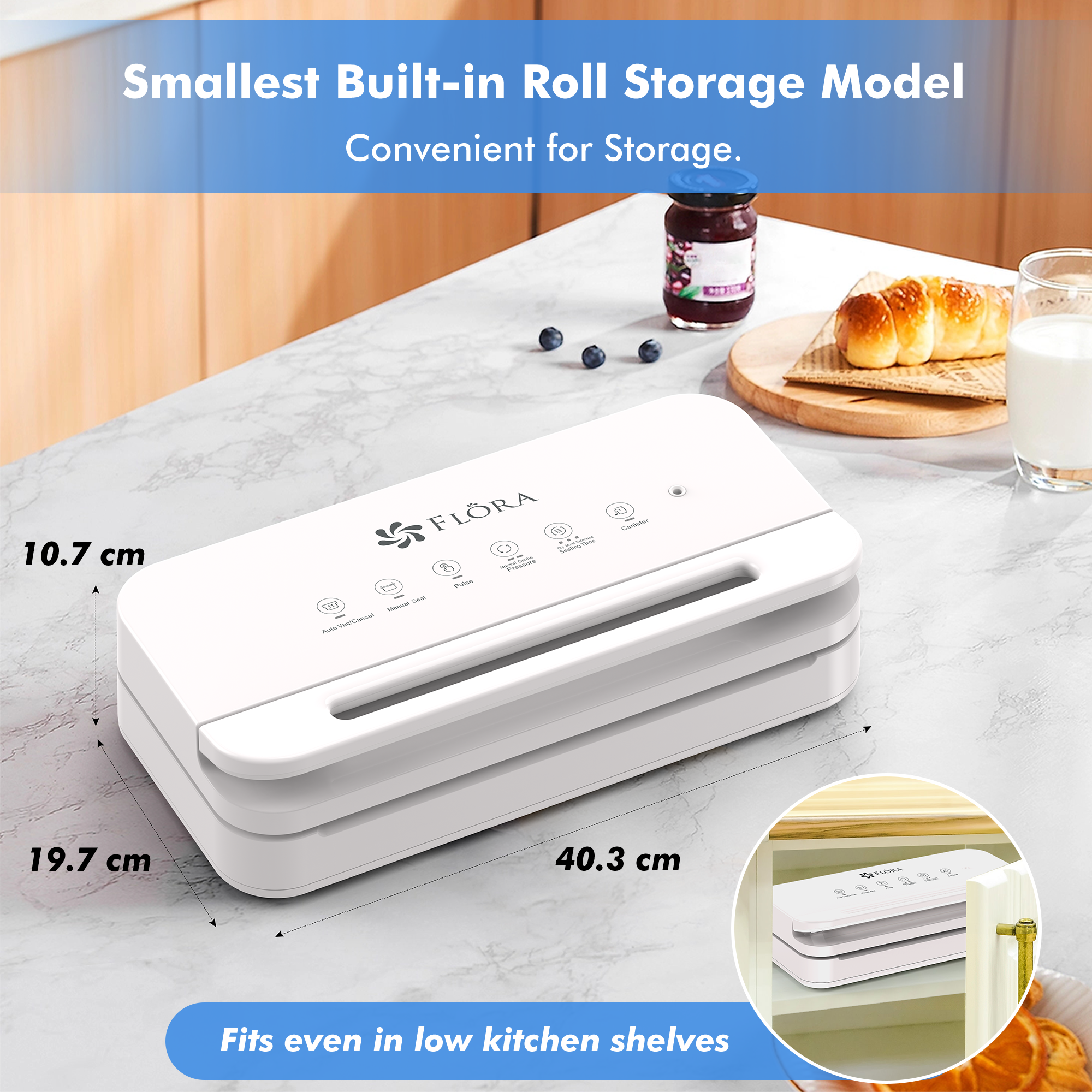 Flora Food Vacuum Sealer Machine-FL-FVS-5199,3-in-1 Dry/Moist/Canister | Pulse Control & Locking Handle System, BPA-Free Precision Sealing with Compact Storage Design for Meat, Meal Prep, Sous Vide