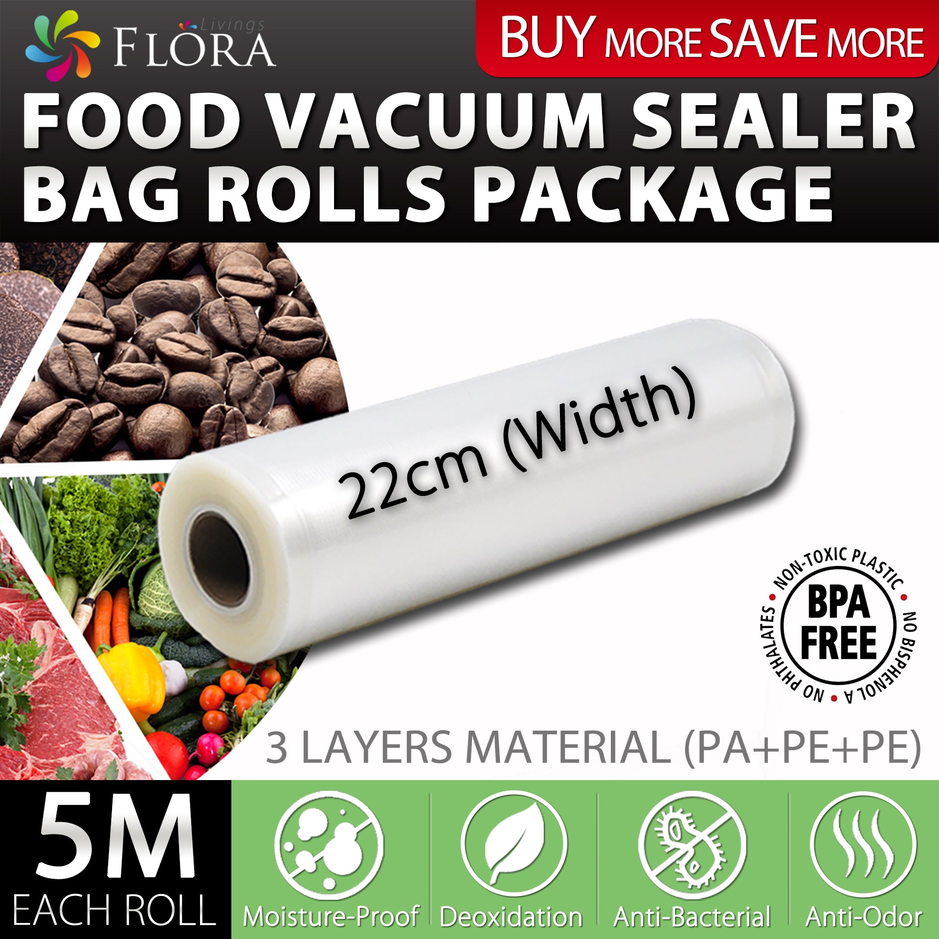 Flora Food Vacuum Sealer Bag Roll Storage Saver Seal rolls 22cm or 28cm 5M and 6M for FL-FVS-5199