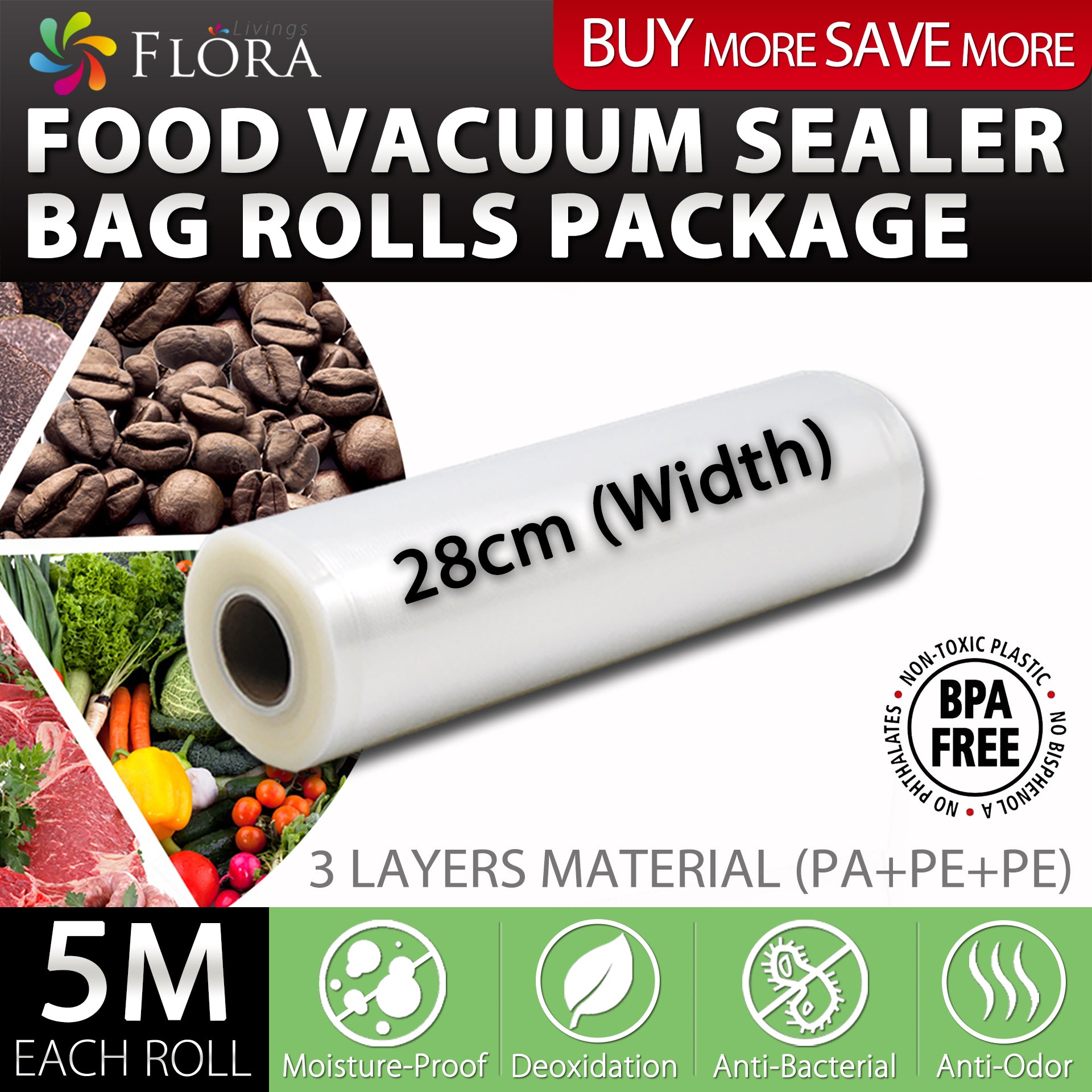 Flora Food Vacuum Sealer Bag Roll Storage Saver Seal rolls 22cm or 28cm 5M and 6M for FL-FVS-5199