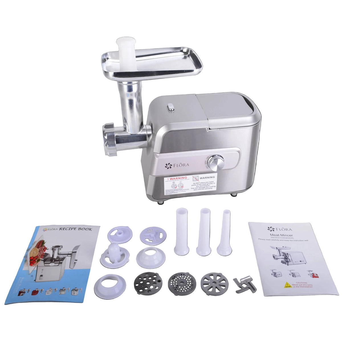 A countertop meat grinder with a stainless steel hopper and motor base, shown with included accessories and printed manuals laid out on a white surface against a white background.