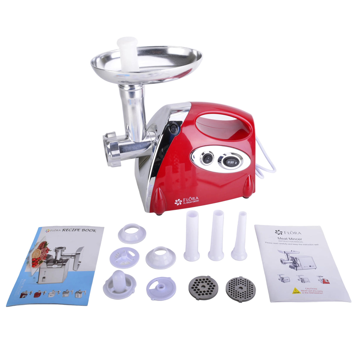 A red and silver meat grinder with its accessories and manuals laid out on a white surface against a white background.