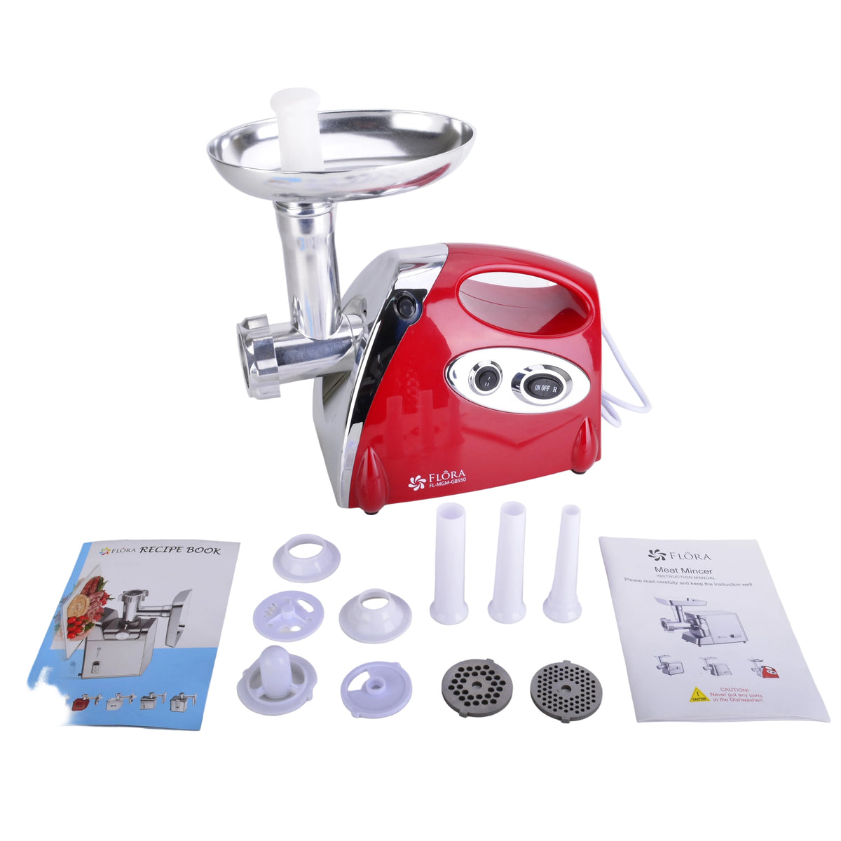 A red and silver meat grinder with its accessories and manuals laid out on a white surface against a white background.