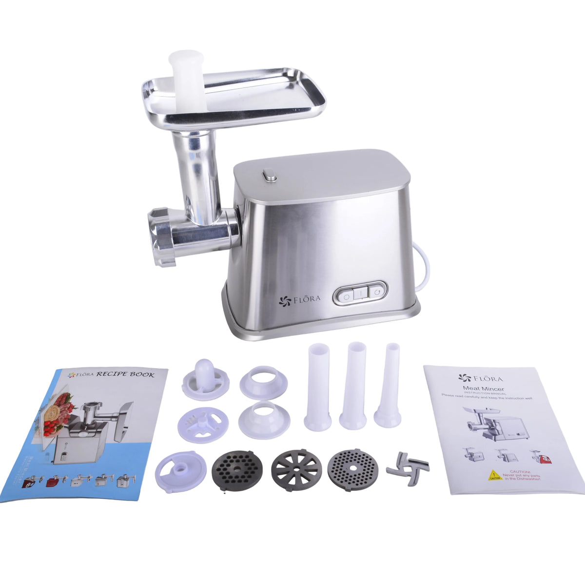 A stainless steel electric meat grinder with its accessories and manuals laid out on a white surface against a white background.