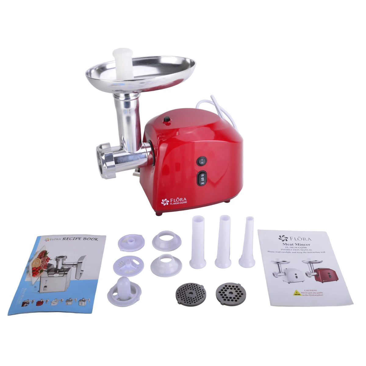 A red electric meat grinder with a stainless steel hopper and metal auger, shown on a white surface with its accessories, instruction booklet, and user manual laid out in front.