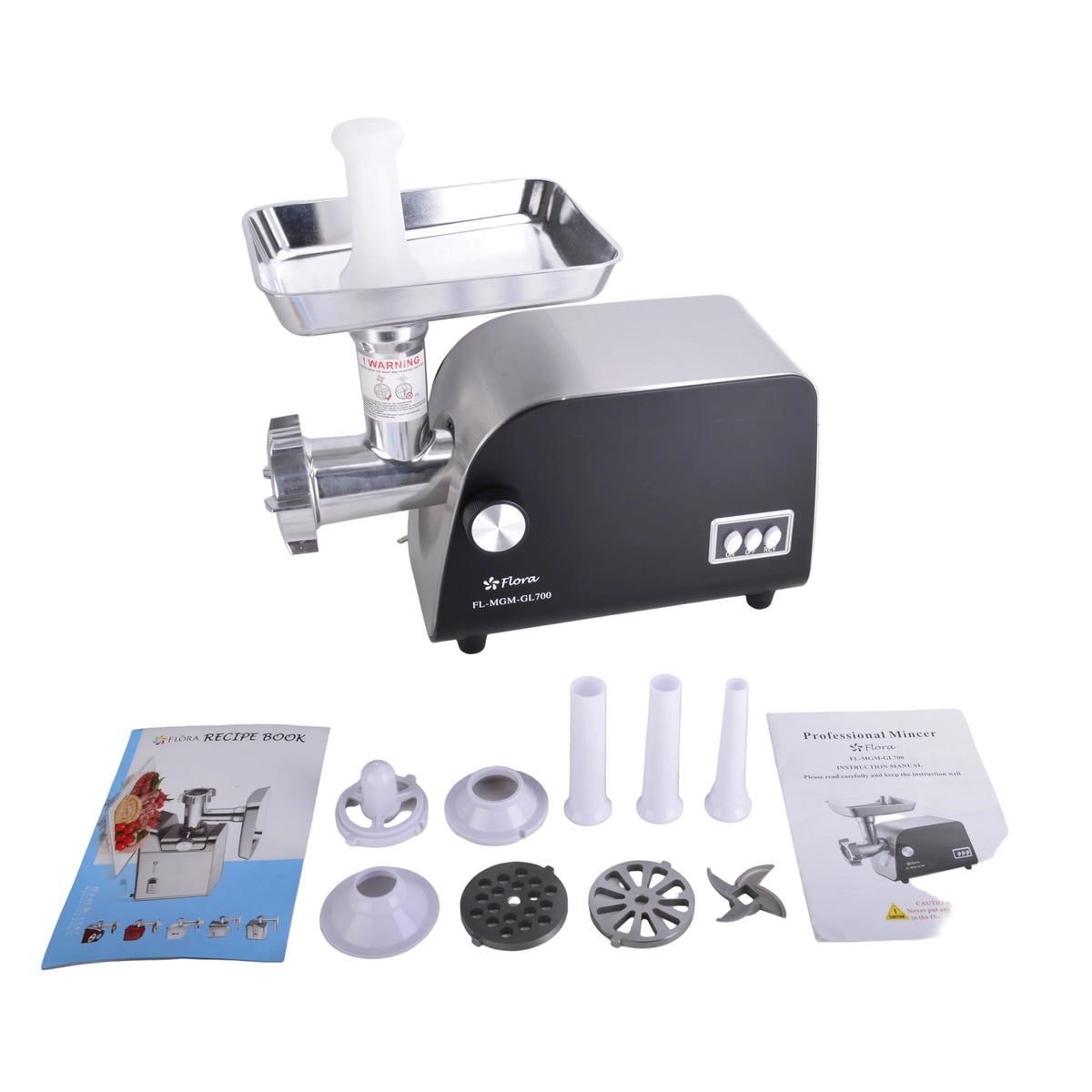 A countertop meat grinder with a black and silver body, shown with its accessories and two instruction manuals laid out on a white surface against a white background.
