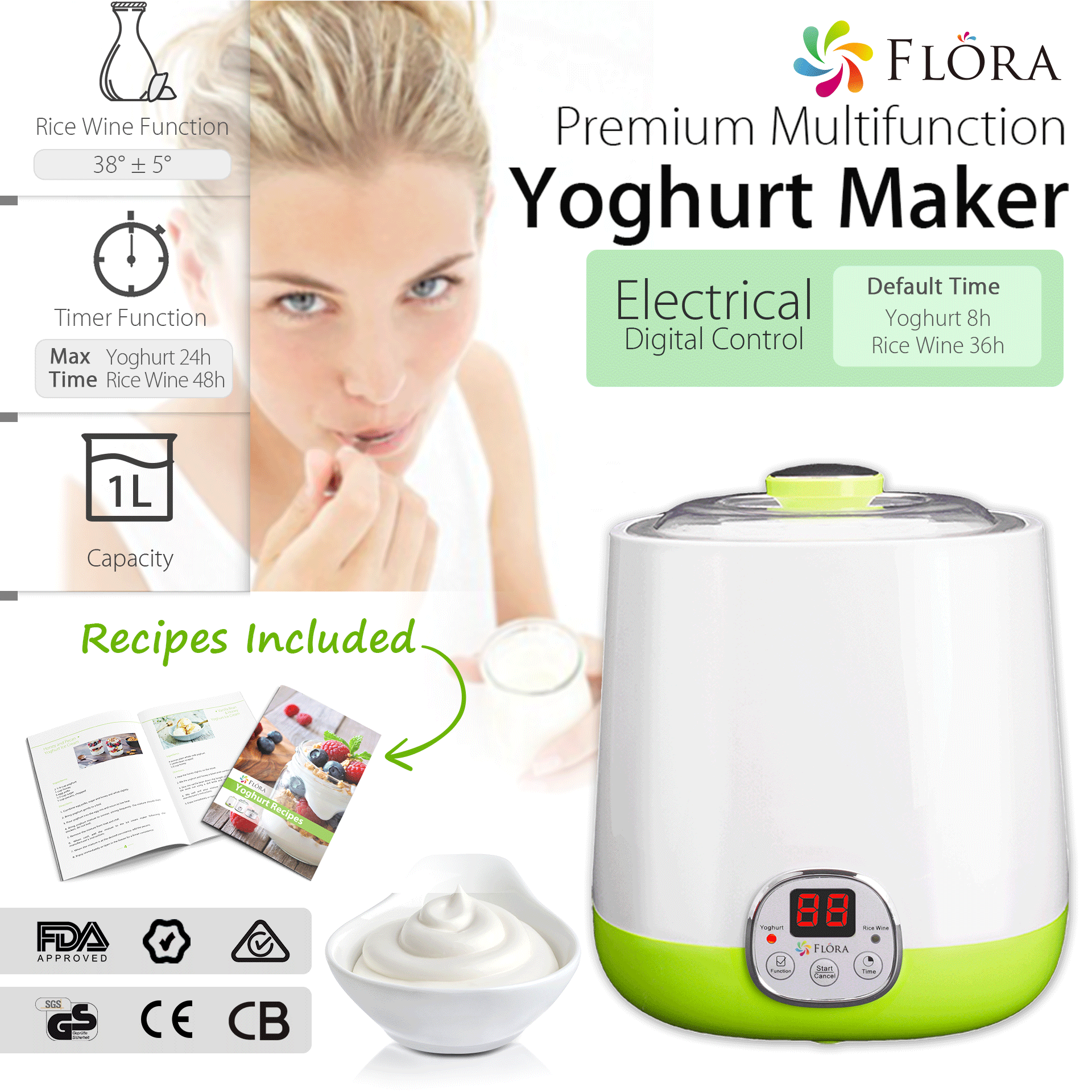 Flora Yoghurt Machine-Yogurt Maker with 1L Capacity Jar-Electric Automatic-FDA Food Grade Jar-Rice Wine DIY-Home Made Yoghurt Strainer- Fermented Curd Maker-AU Local Seller Brand-FL-YME-110-AU STOCK