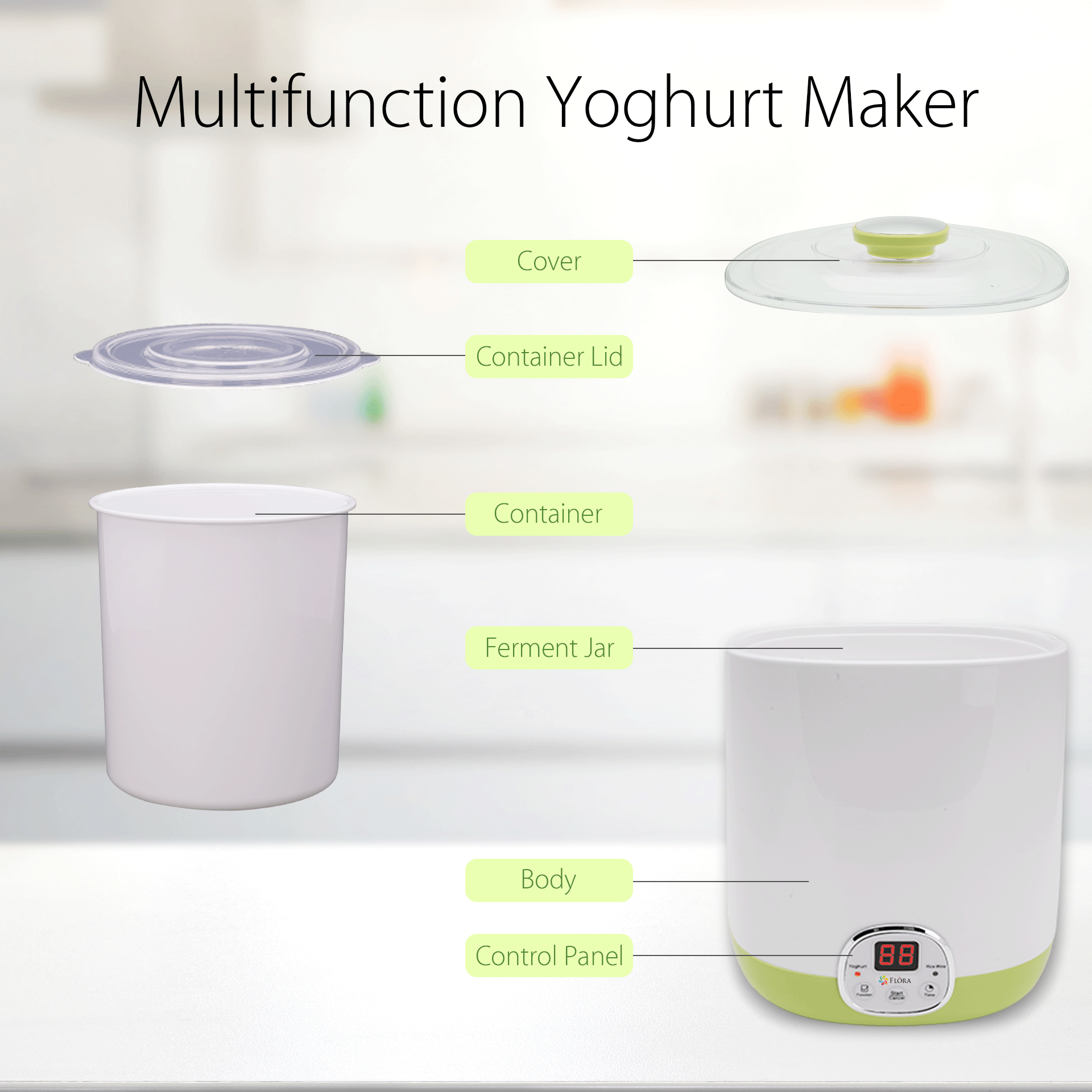 Flora Yoghurt Machine-Yogurt Maker with 1L Capacity Jar-Electric Automatic-FDA Food Grade Jar-Rice Wine DIY-Home Made Yoghurt Strainer- Fermented Curd Maker-AU Local Seller Brand-FL-YME-110-AU STOCK