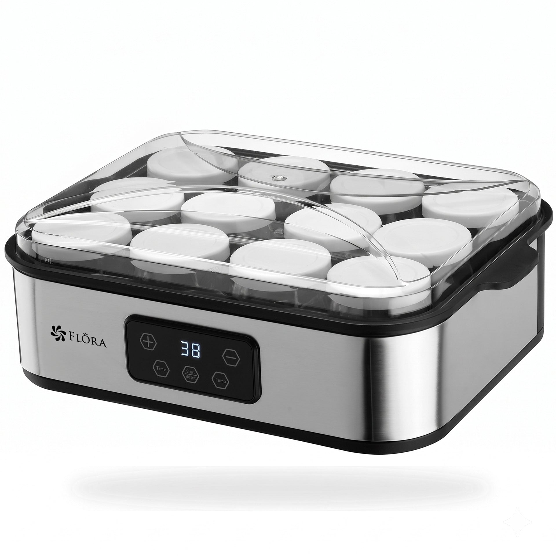 Flora electronic device with digital display and white stones inside on a white background