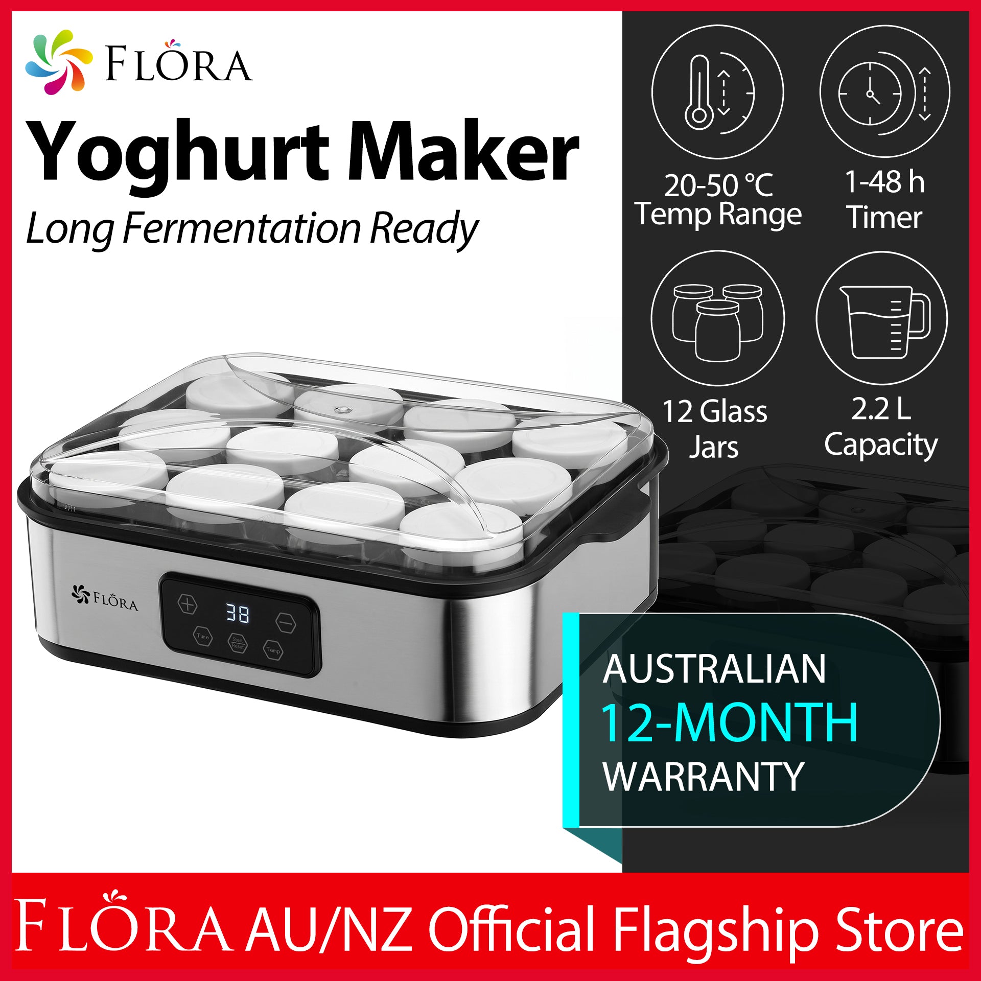 Flora yoghurt maker with product features and warranty information on a red background