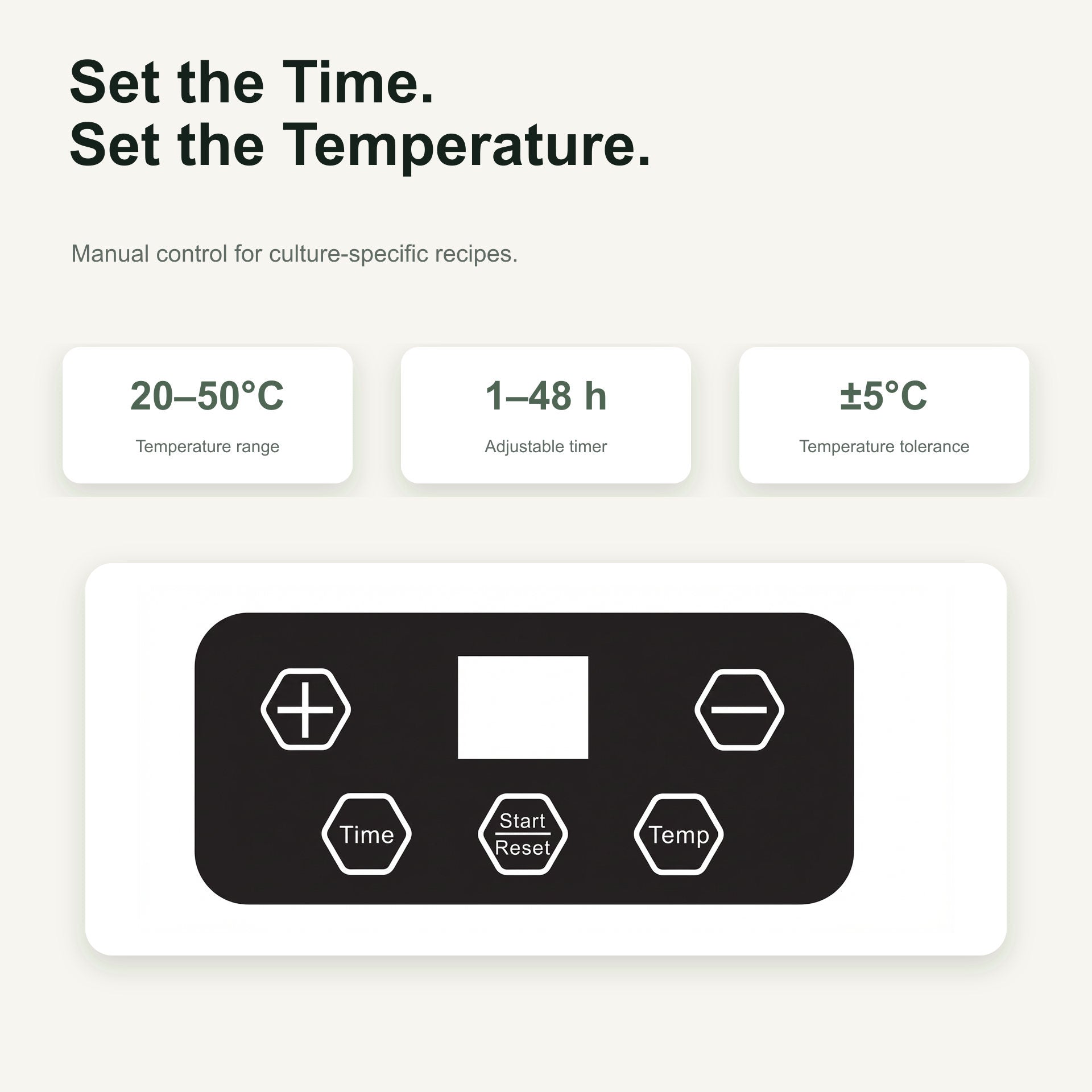 Control panel for setting time and temperature with text on a white background
