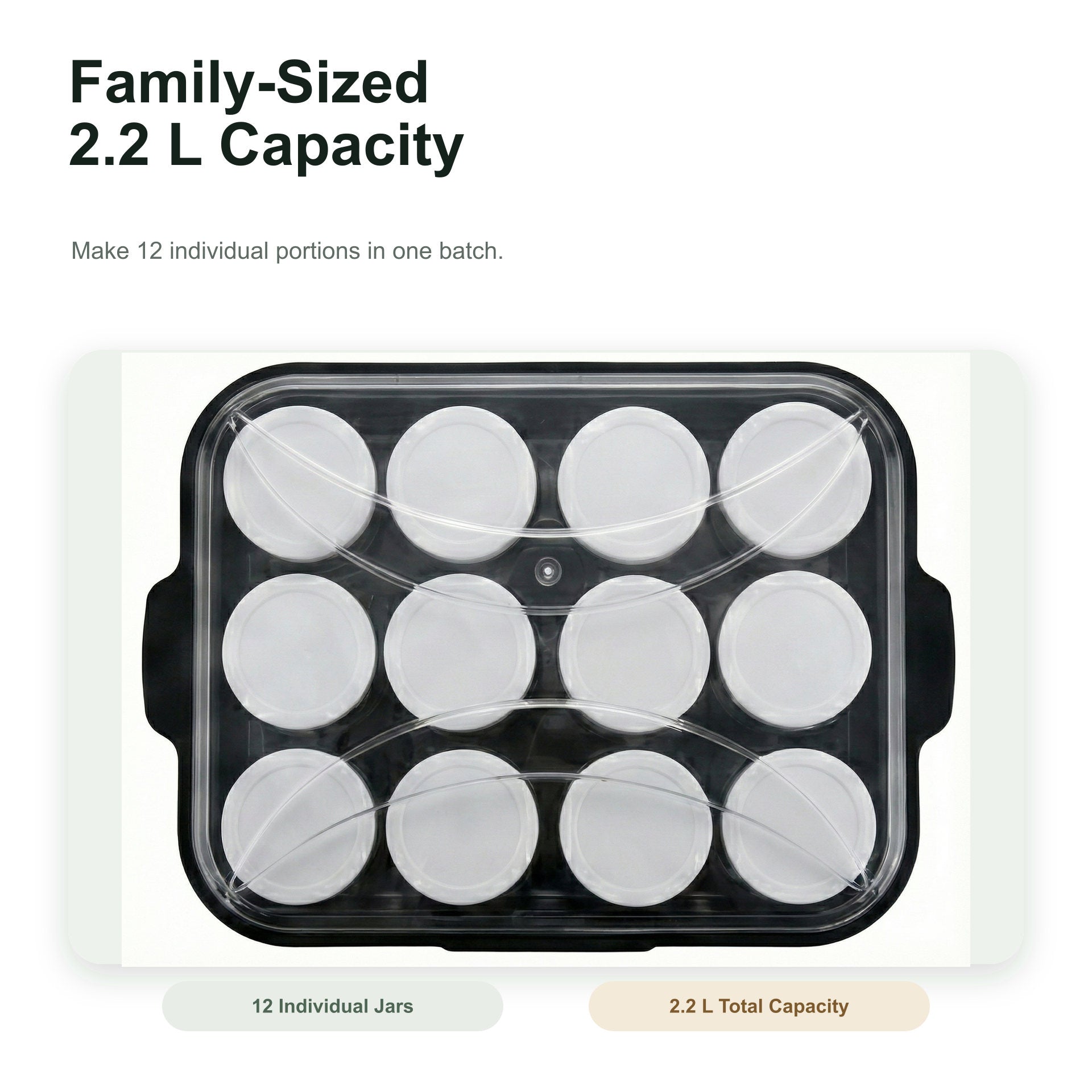 Family-sized 2.2 L capacity container with 12 individual jars on a white background.