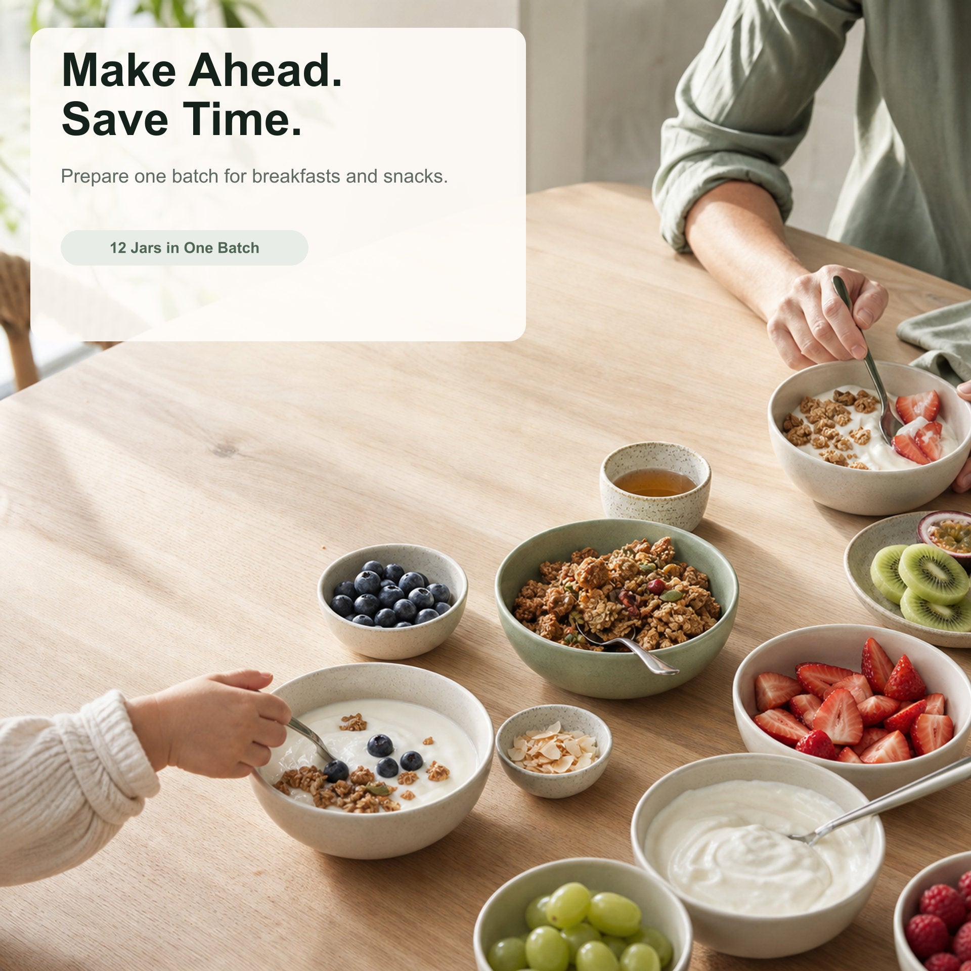 People eating breakfast at a table with various bowls of cereal, fruits, and yogurt.