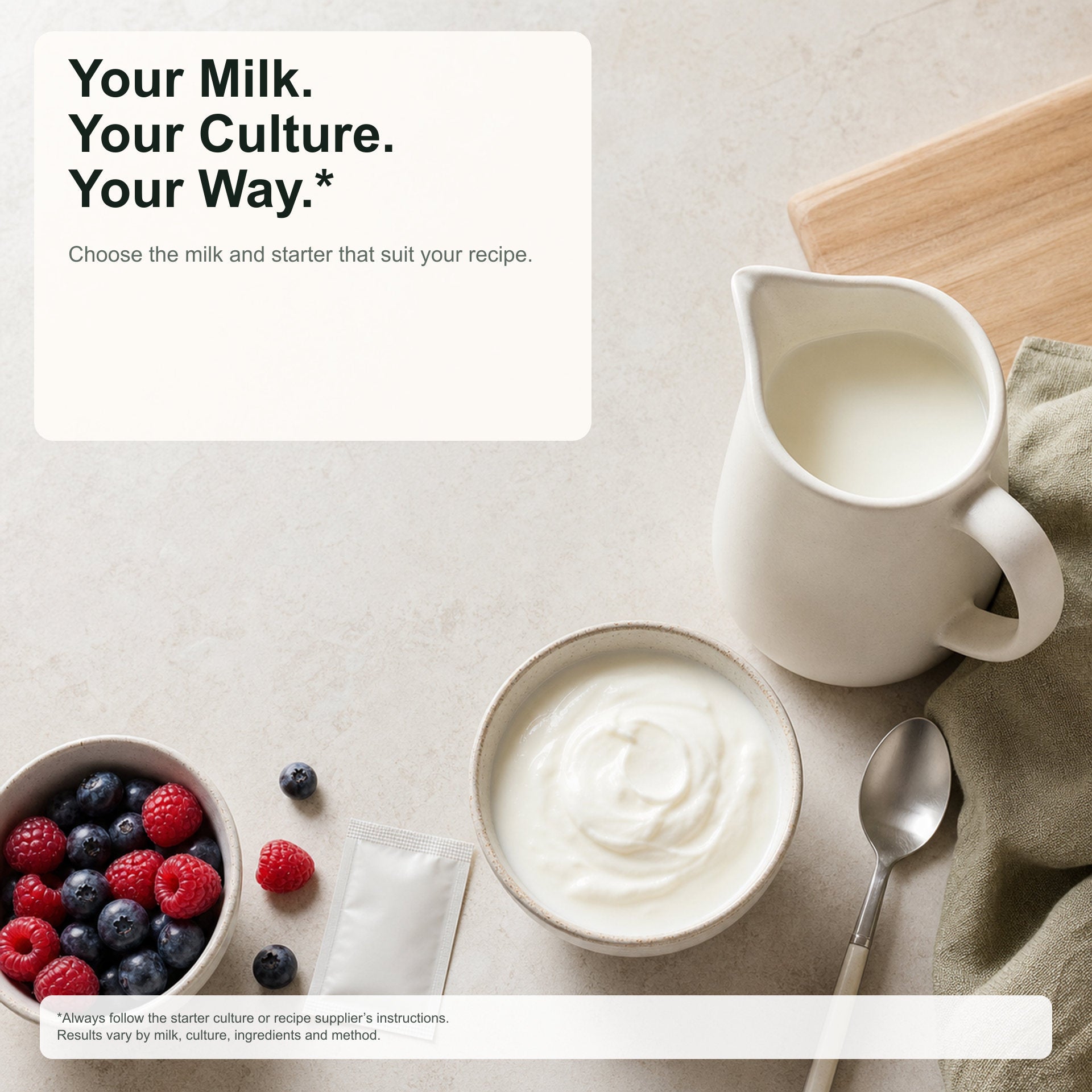 Yogurt with berries and a pitcher on a table, with text about milk and culture.