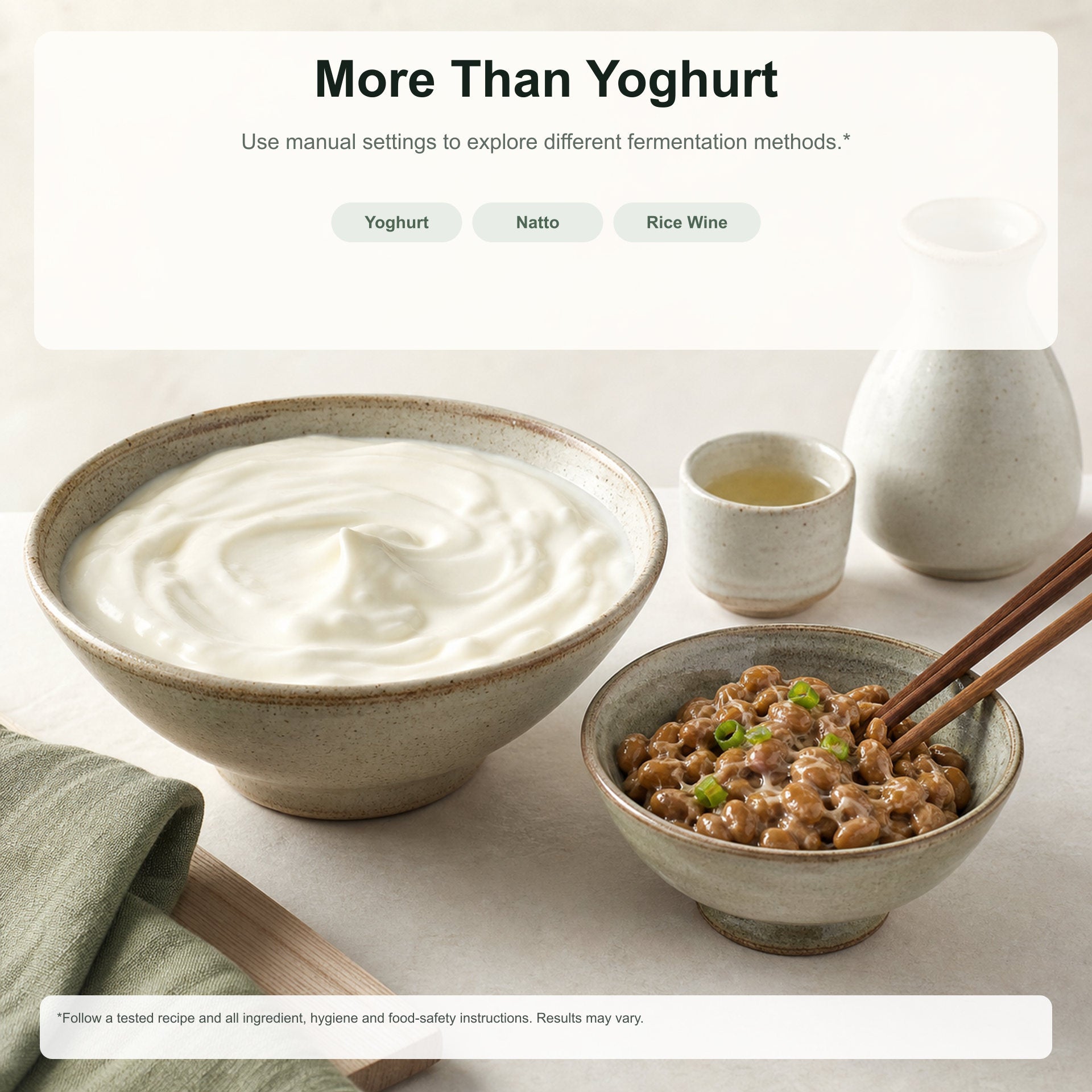 Bowl of yogurt and bowl of food with chopsticks on a light background, featuring the text 'More Than Yoghurt'.