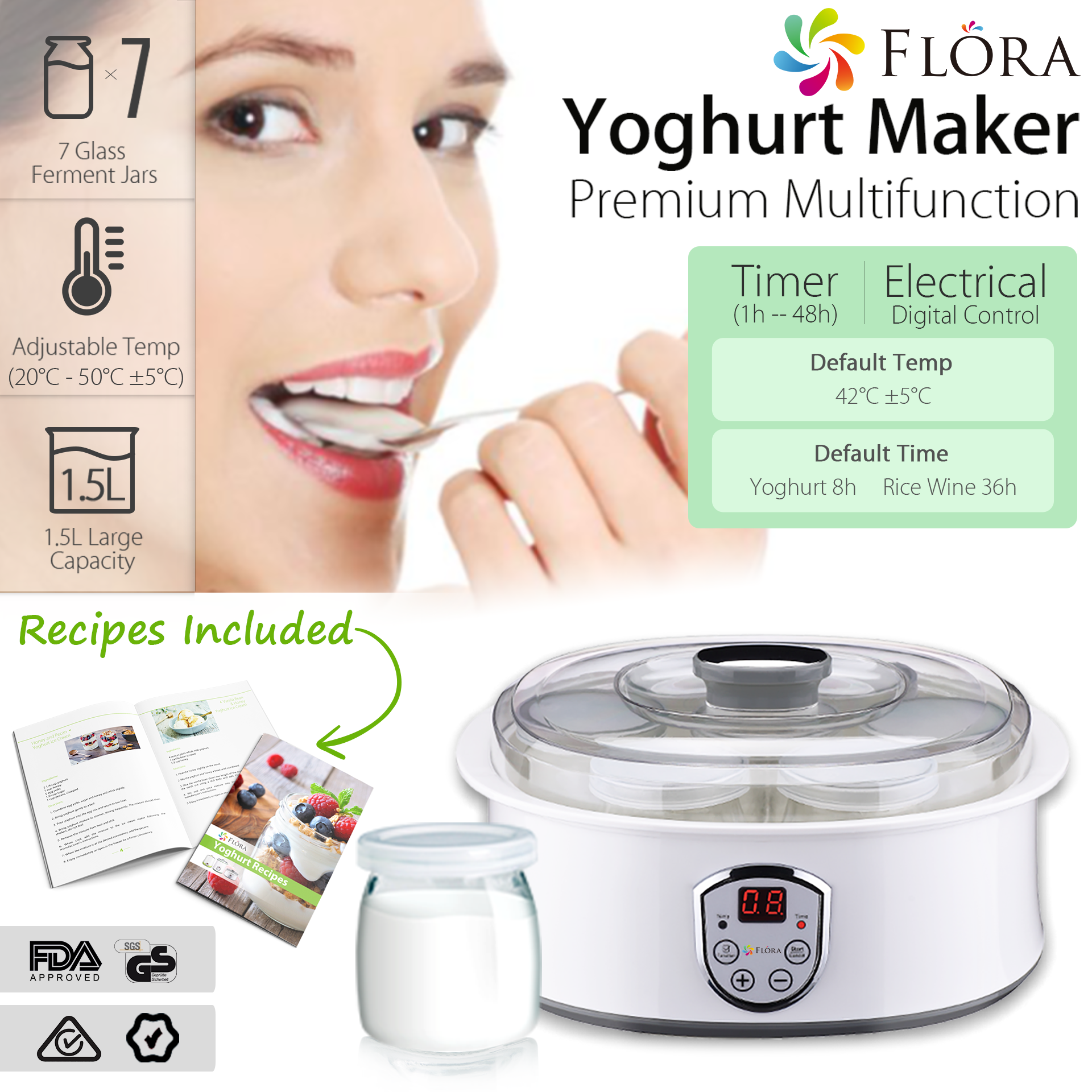 Flora Yoghurt Maker Machine-Electric Automatic Yogurt Making Machine-Large Capacity 1.5L with Natto/Rice Wine Function7 Glass Jars-Home Organic Yogurt Incubator- Fermented Curd Maker-FL-YME-715