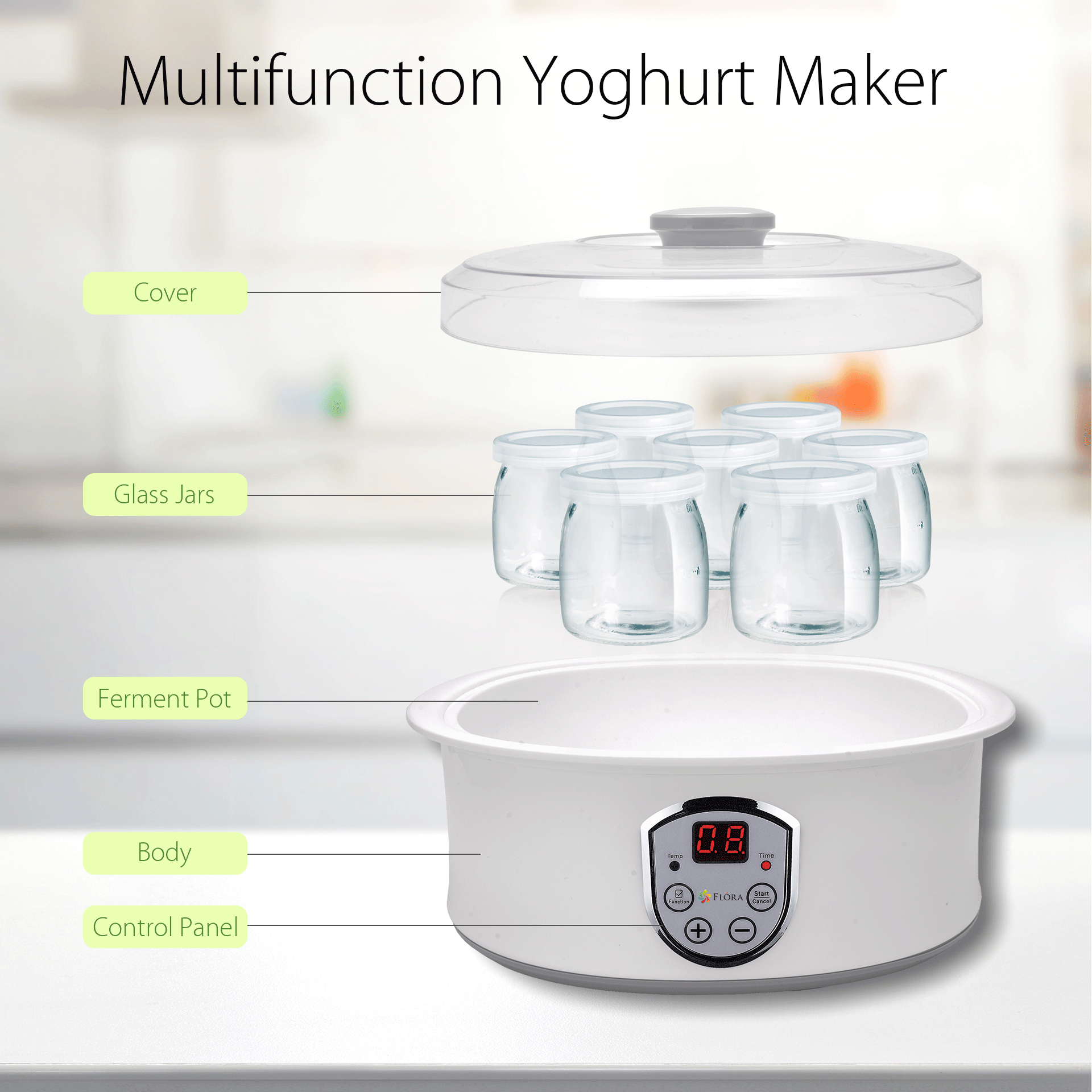 Flora Yoghurt Maker Machine-Electric Automatic Yogurt Making Machine-Large Capacity 1.5L with Natto/Rice Wine Function7 Glass Jars-Home Organic Yogurt Incubator- Fermented Curd Maker-FL-YME-715