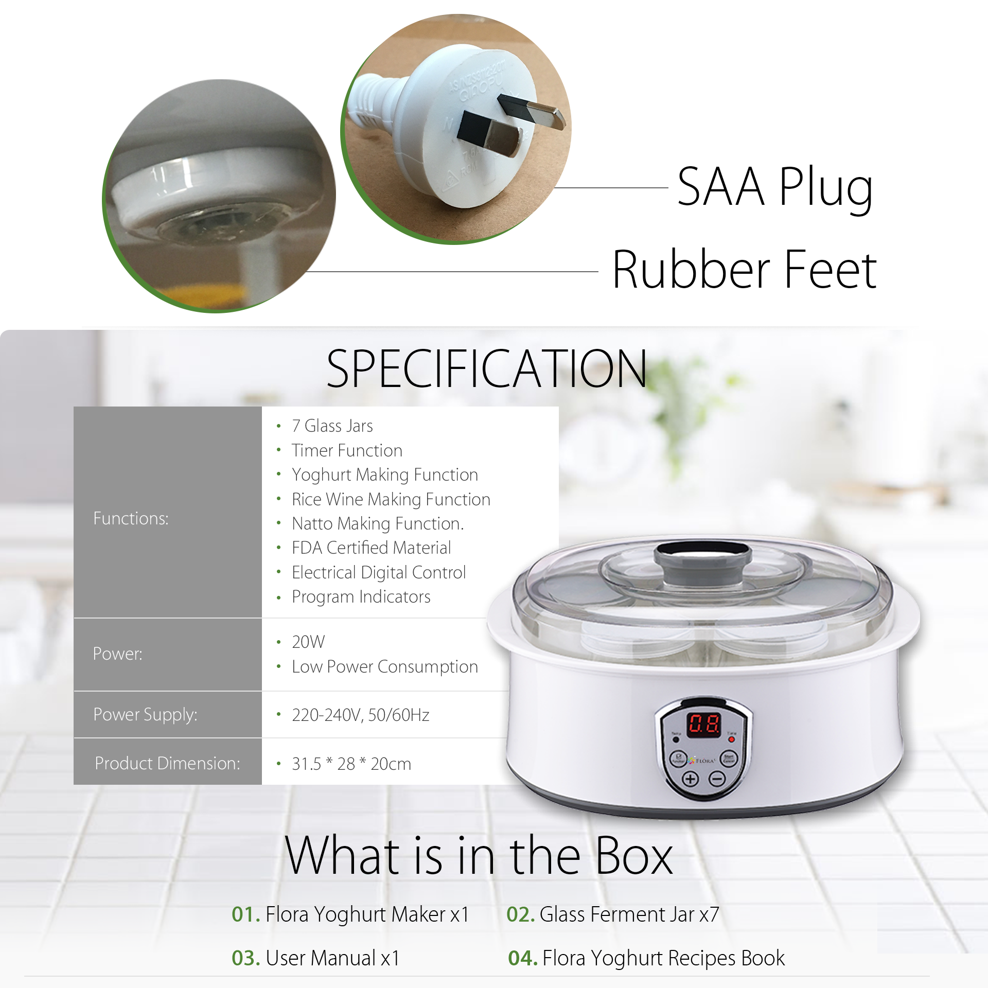 Flora Yoghurt Maker Machine-Electric Automatic Yogurt Making Machine-Large Capacity 1.5L with Natto/Rice Wine Function7 Glass Jars-Home Organic Yogurt Incubator- Fermented Curd Maker-FL-YME-715