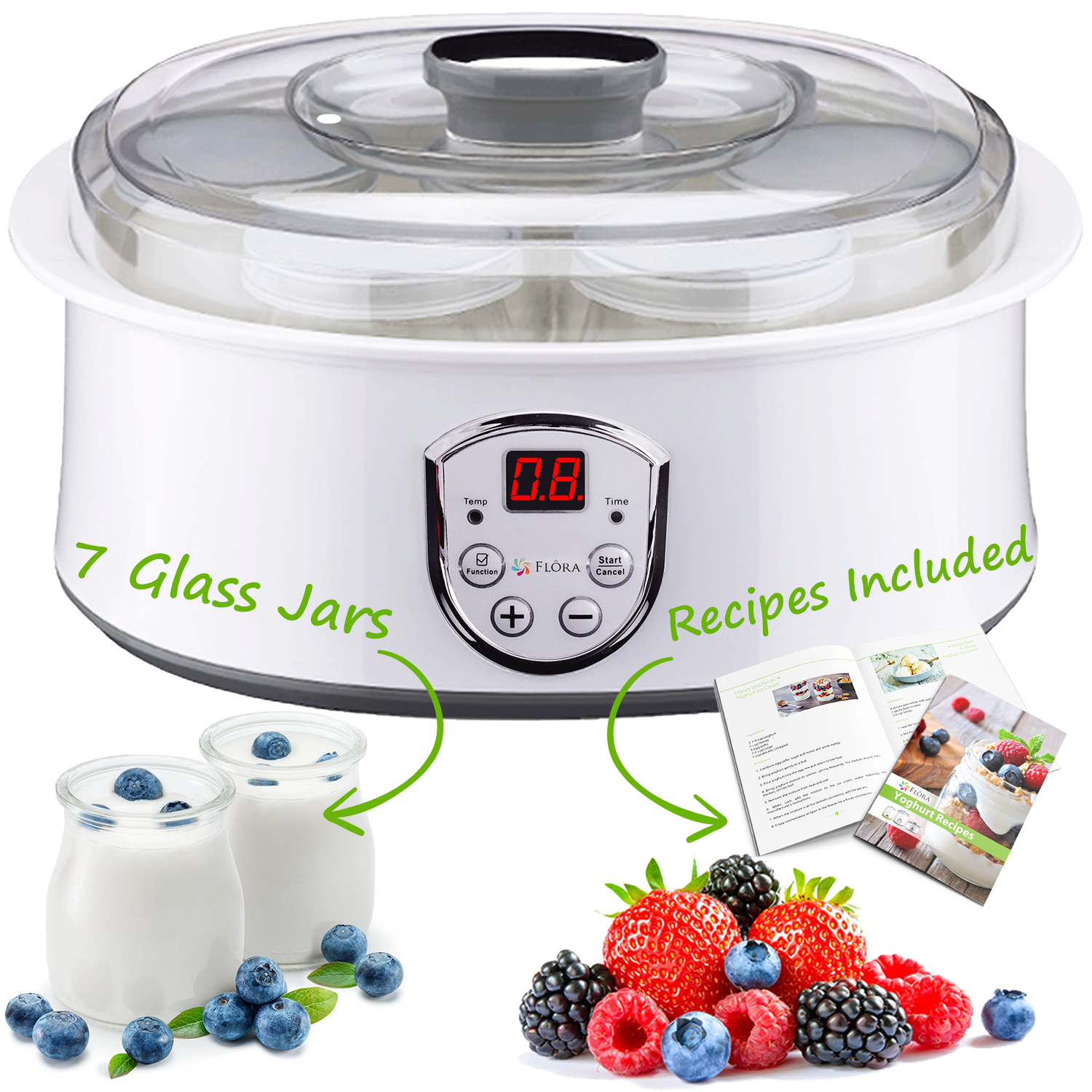 Flora Yoghurt Maker Machine-Electric Automatic Yogurt Making Machine-Large Capacity 1.5L with Natto/Rice Wine Function7 Glass Jars-Home Organic Yogurt Incubator- Fermented Curd Maker-FL-YME-715