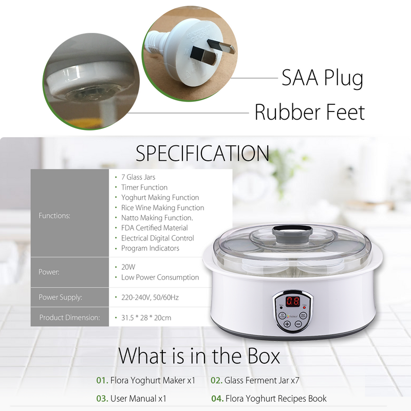 Flora Yoghurt Maker Machine-Electric Automatic Yogurt Making Machine-Large Capacity 1.5L with Natto/Rice Wine Function7 Glass Jars-Home Organic Yogurt Incubator- Fermented Curd Maker-FL-YME-715