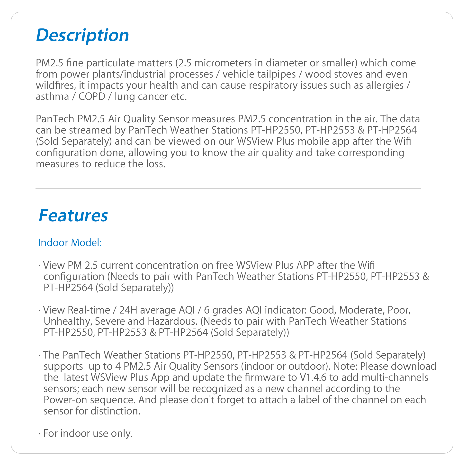 PanTech Indoor PM2.5 Air Quality Sensor design for PanTech Weather Station PT-HP2550 & PT-HP2553-AU STOCK