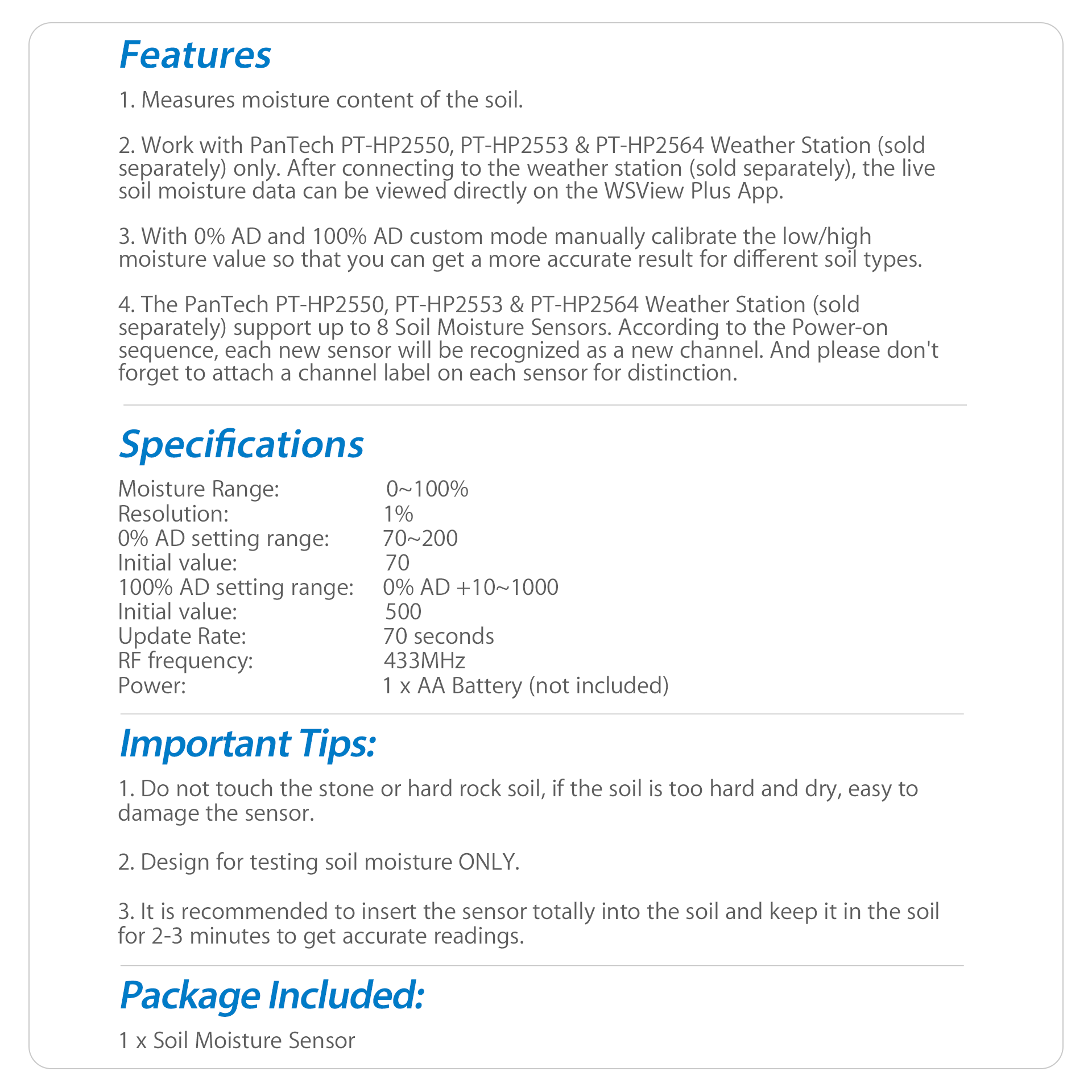 PanTech Weather Station Soil Moisture Sensor design for PanTech Weather Station PT-HP2550/HP2553/HP2564-AU STOCK