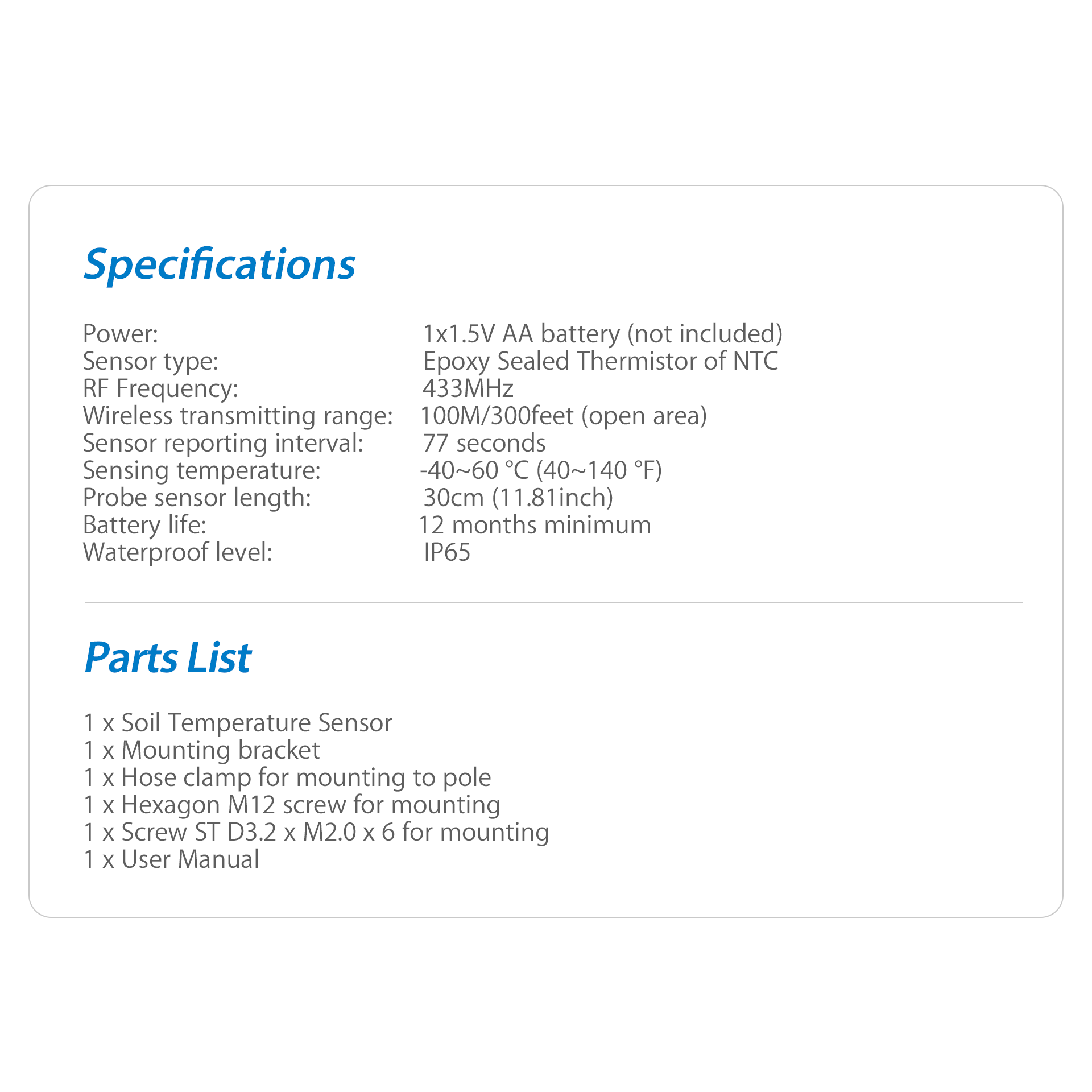 PanTech Weather Station Soil Temperature Sensor design for PanTech Weather Station PT HP2550 PT HP2553-AU STOCK