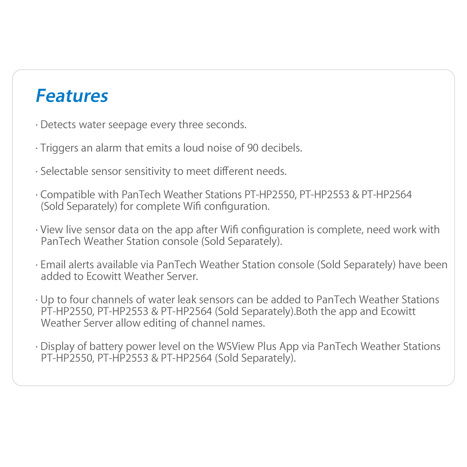 PanTech Water Leak Alarm Sensor design for PanTech Weather Station PT-HP2550 & PT-HP2553-AU STOCK