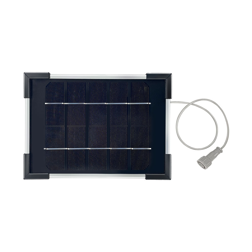 A black solar panel with a grid structure, connected to a white cable, designed for use with a PanTech weather station outdoor unit.