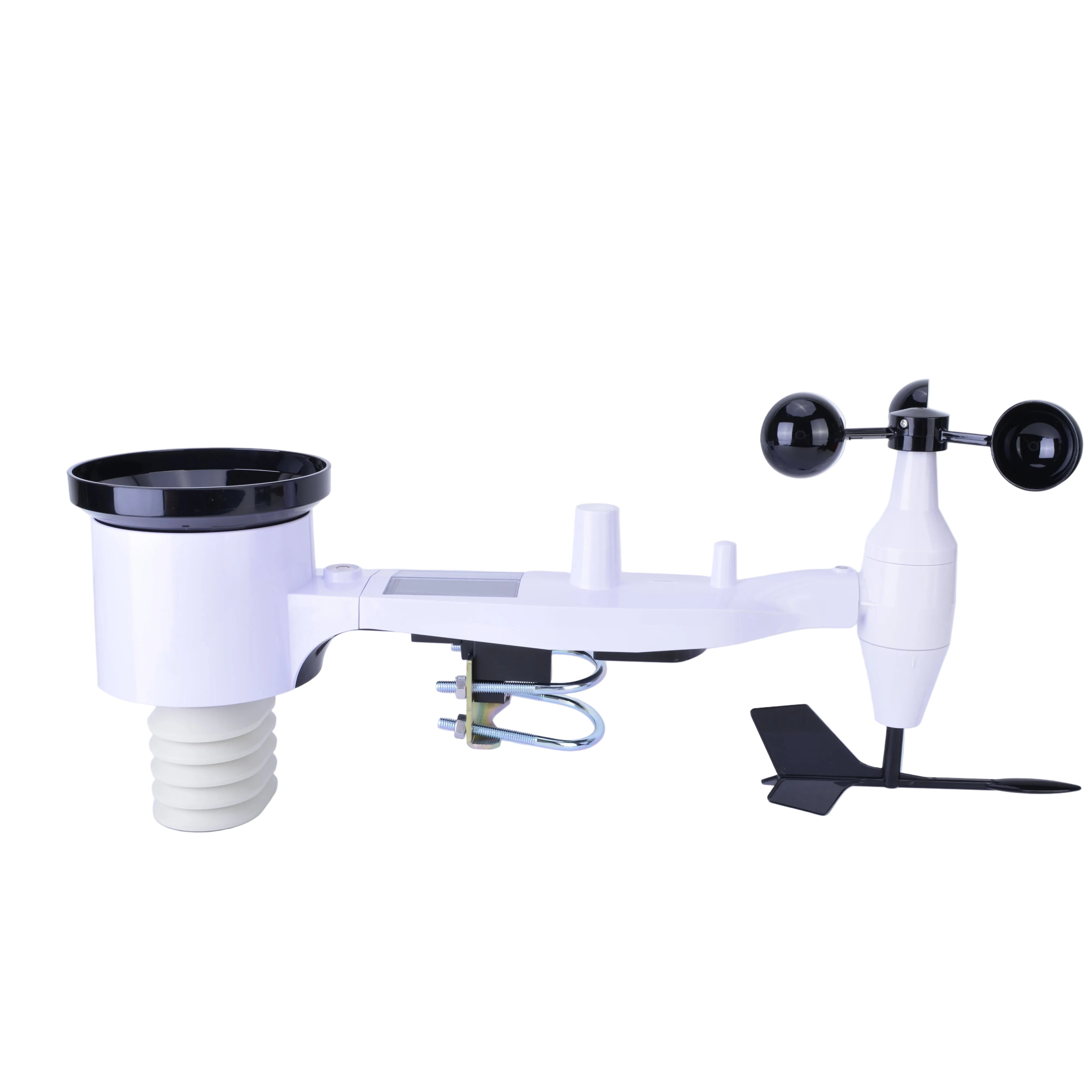 The image shows the components of a PanTech weather station outdoor unit, including a white and black sensor module, a wind vane, and a solar radiation sensor against a white background.