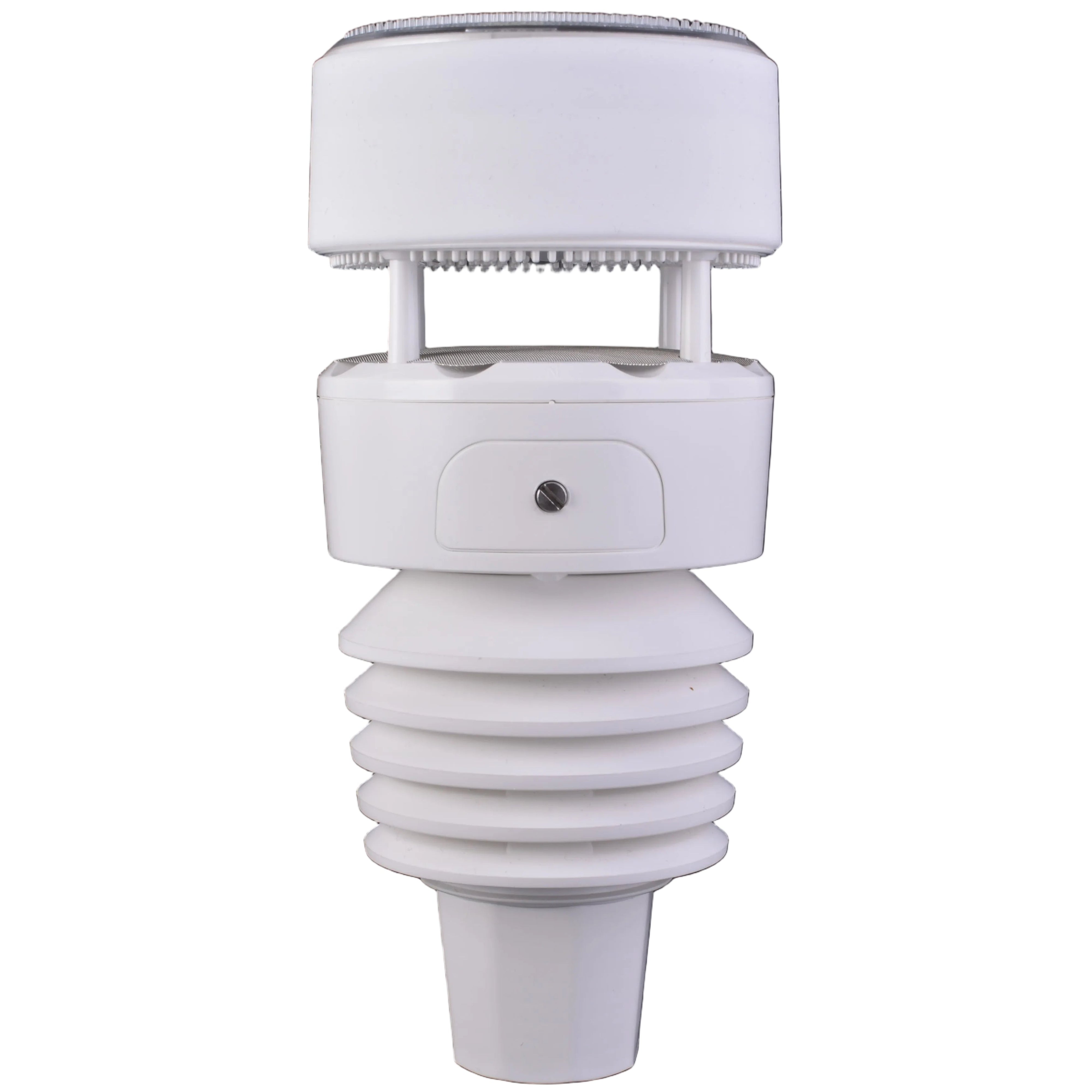 A white outdoor unit for a weather station, with a dome-shaped top and a sensor port.