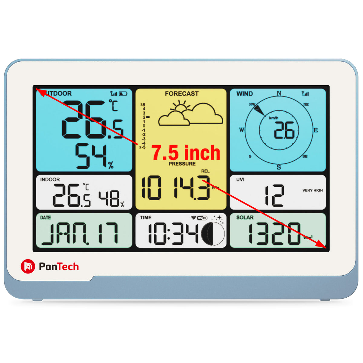 PanTech Weather Station Wi-Fi Solar Outdoor Sensor 7.5" Indoor Display PT-WS3910