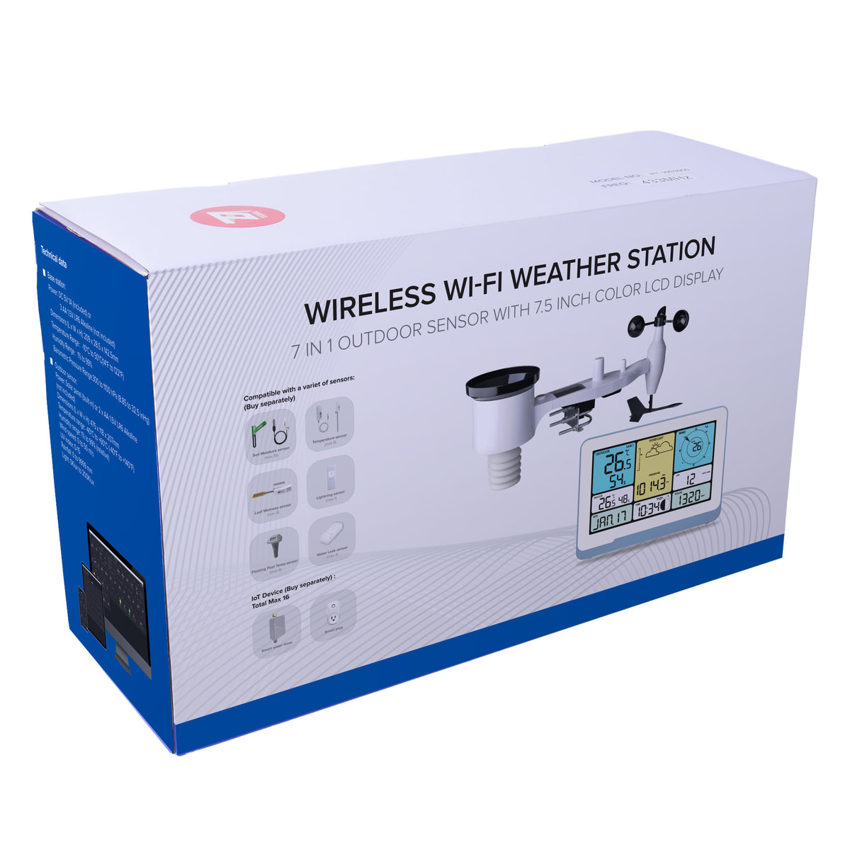 PanTech Weather Station Wi-Fi Solar Outdoor Sensor 7.5" Indoor Display PT-WS3910