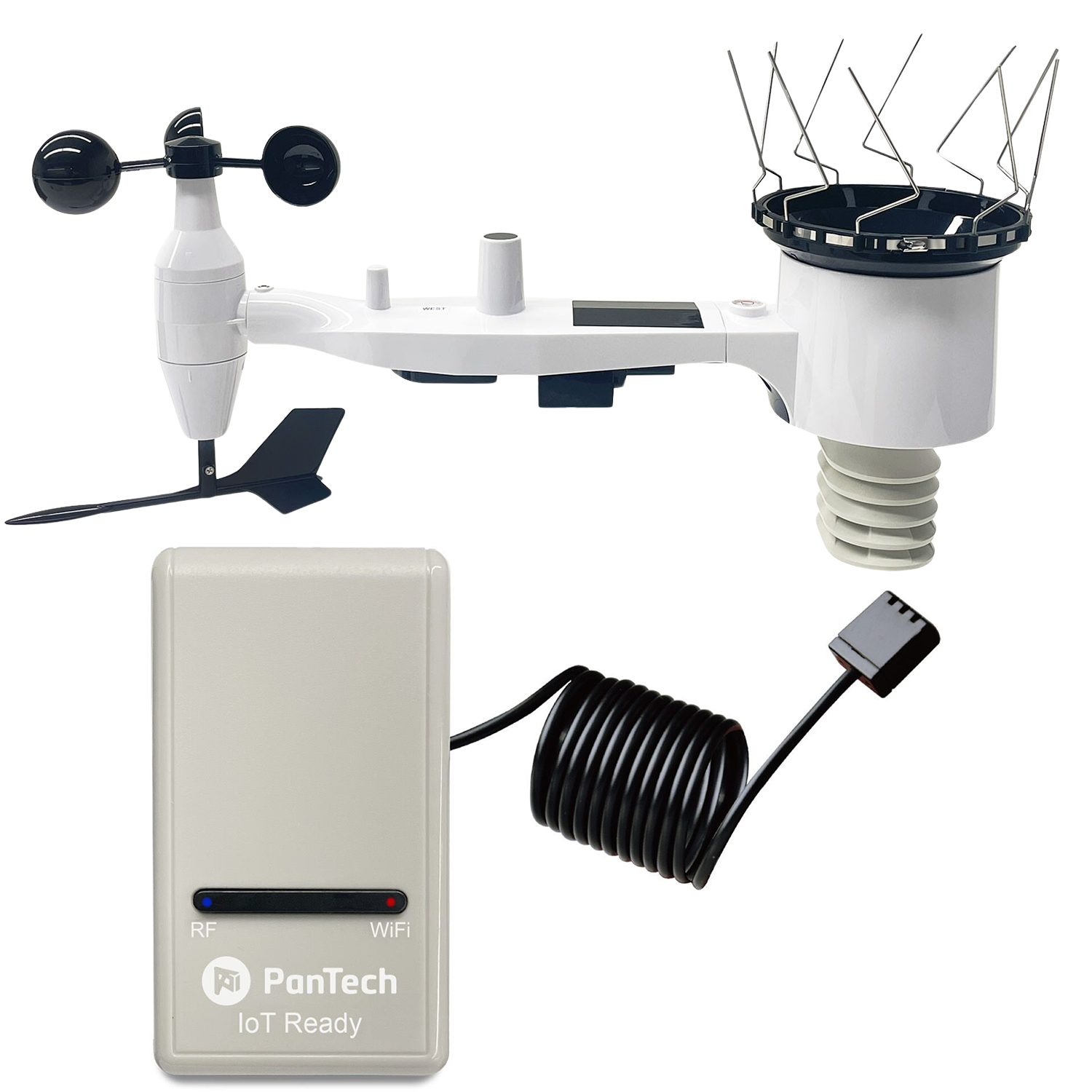 PanTech weather station set including a white gateway device and sensors for temperature, humidity, and barometric pressure, with an attached solar panel.