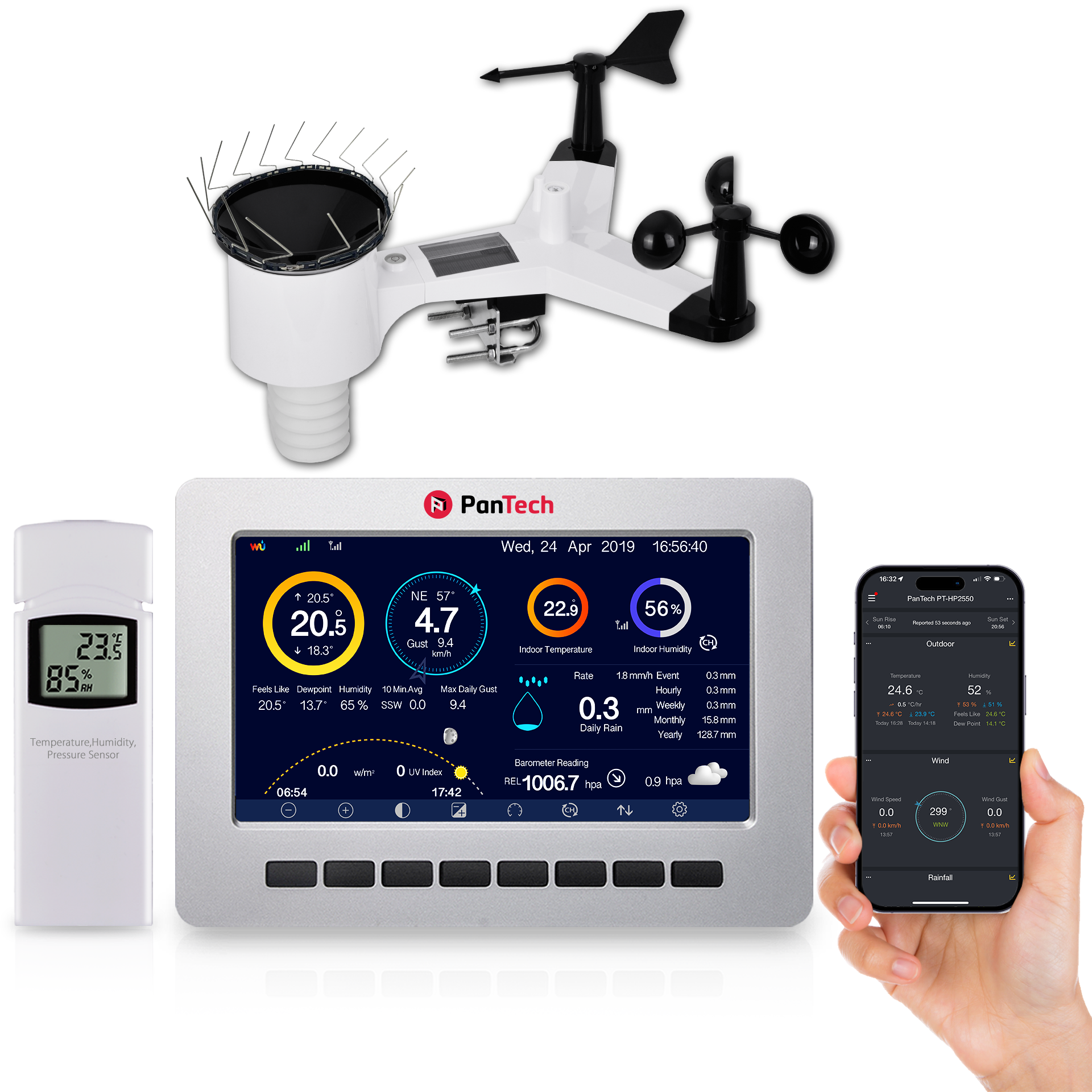 PanTech weather station set including a wireless sensor with an anemometer and a TFT LCD wireless professional display with a smartphone app.