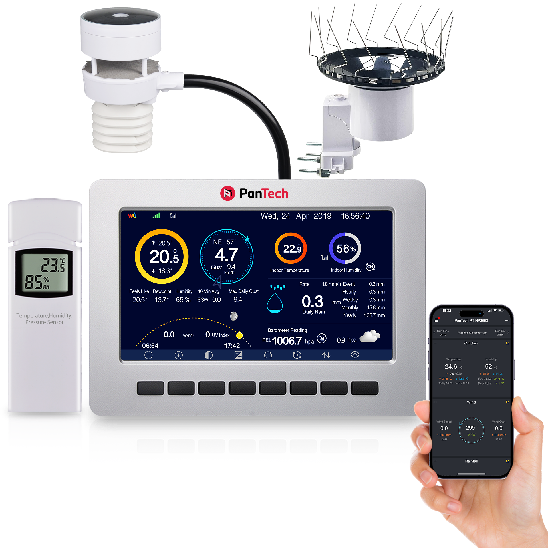PanTech weather station with digital display, sensors, and smartphone app on a white background