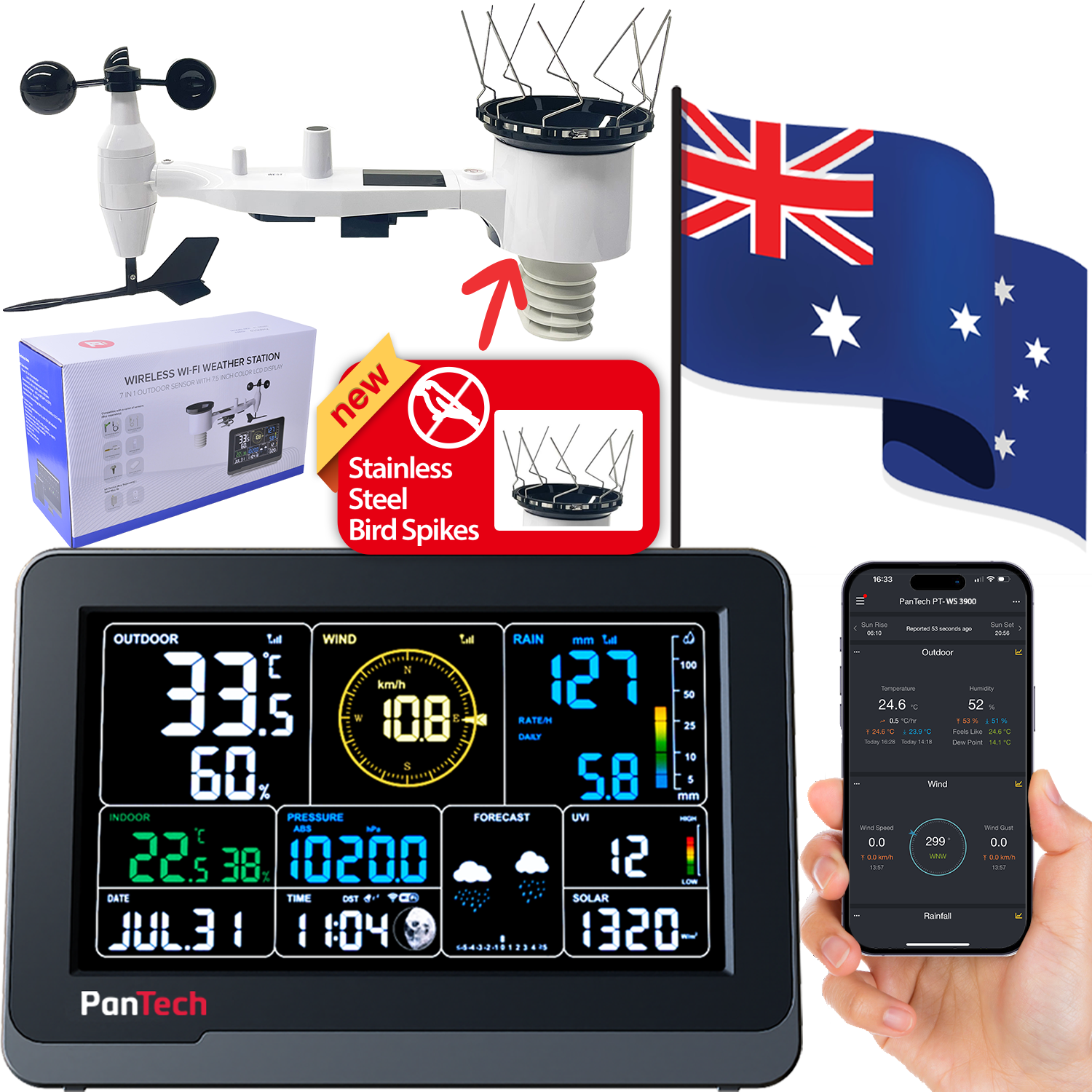 PanTech weather station kit including an LCD display console, an outdoor sensor array, and a smartphone app interface, with an Australian flag for localization.