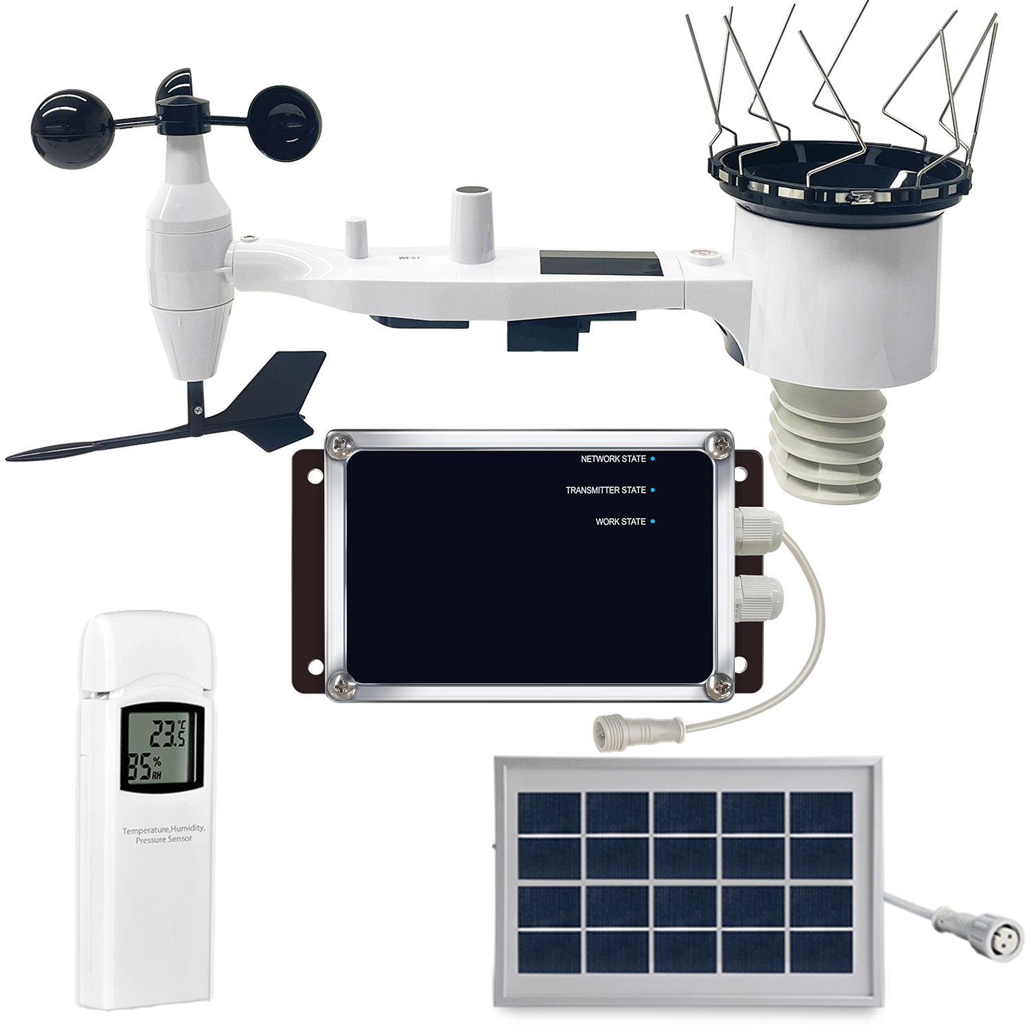 PanTech Weather Station equipment set including sensors, monitor unit, and solar panel.