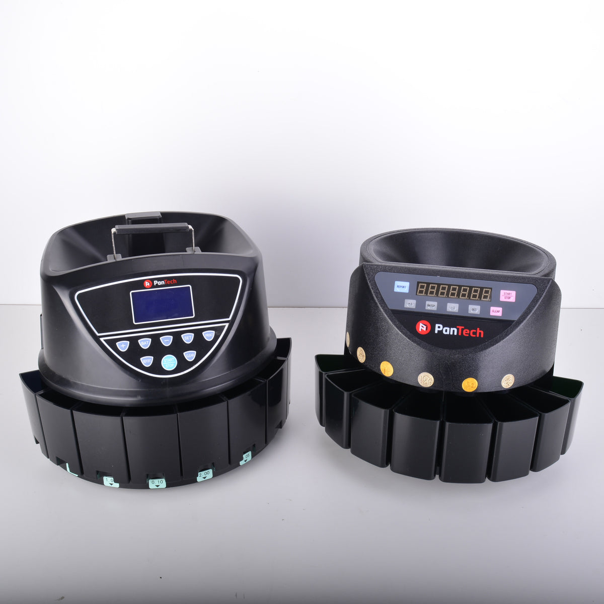 Two black PanTech electronic coin counting machines shown side by side on a light gray surface against a white background.