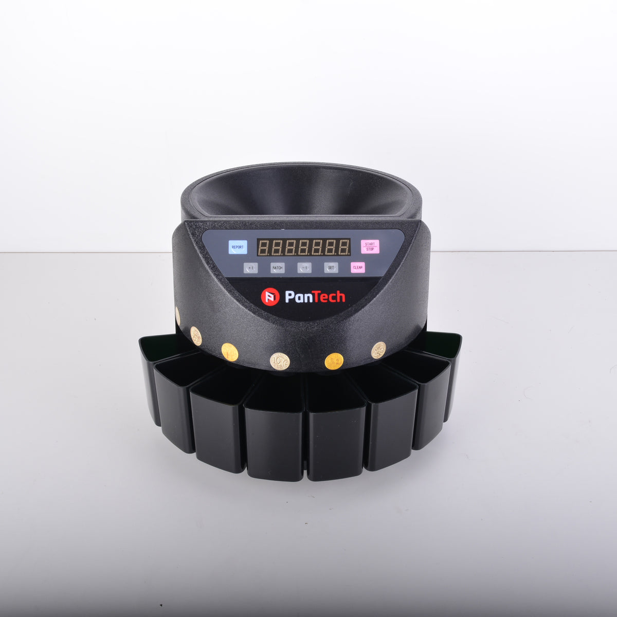 A black digital automatic coffee bean counting and filling machine by PanTech, featuring a digital display screen and a segmented base, shown on a neutral gray background.