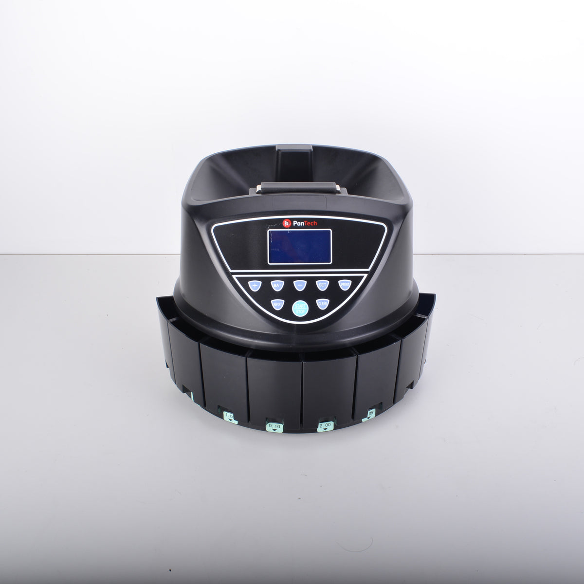 A black electronic coin sorter machine with a digital display screen and control buttons, shown on a neutral gray background.