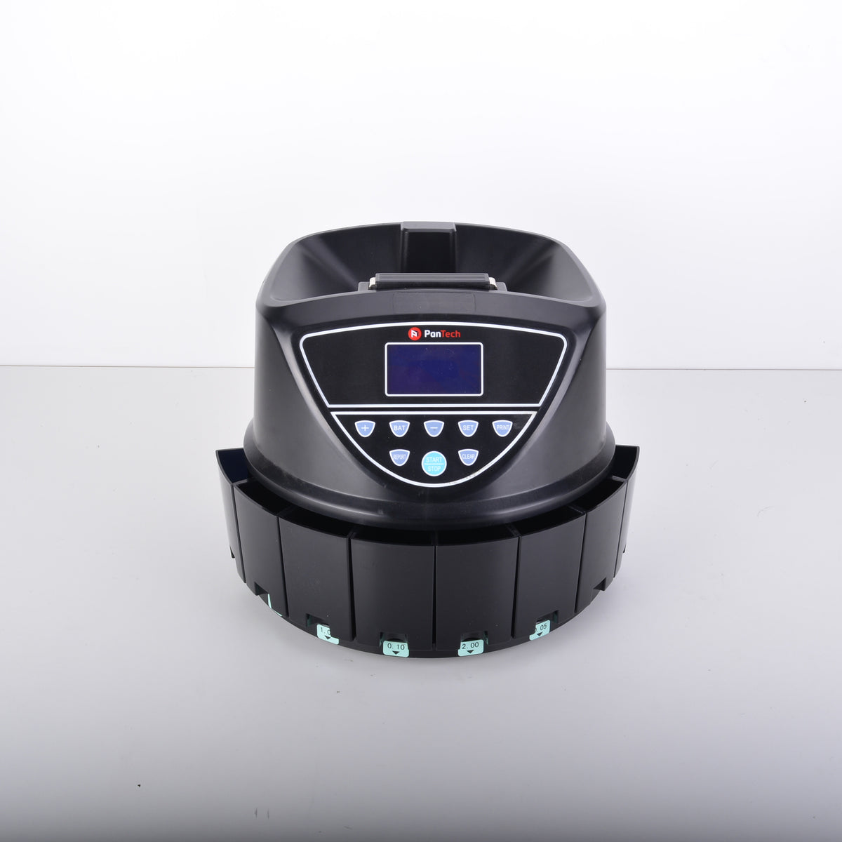 A black multi-slot card reader or validator machine with a digital display screen and control buttons on the front, set against a clean white and gray background.