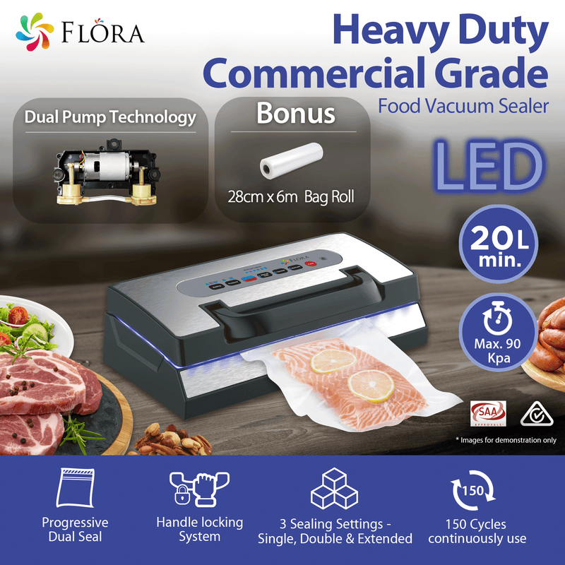 Flora Heavy Duty Commercial Food Vacuum Sealer Saver Storage Machine with 6m Bag Roll Bonus