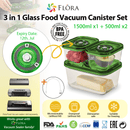 Flora Glass Food Vacuum Canister Container 3 Units Set - BPA Free Storage Jars, Dishwasher and Microwave Safe, Freezer Friendly, 2mm Thick Glass - AU Stock