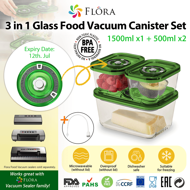 Flora Glass Food Vacuum Canister Container 3 Units Set - BPA Free Storage Jars, Dishwasher and Microwave Safe, Freezer Friendly, 2mm Thick Glass - AU Stock