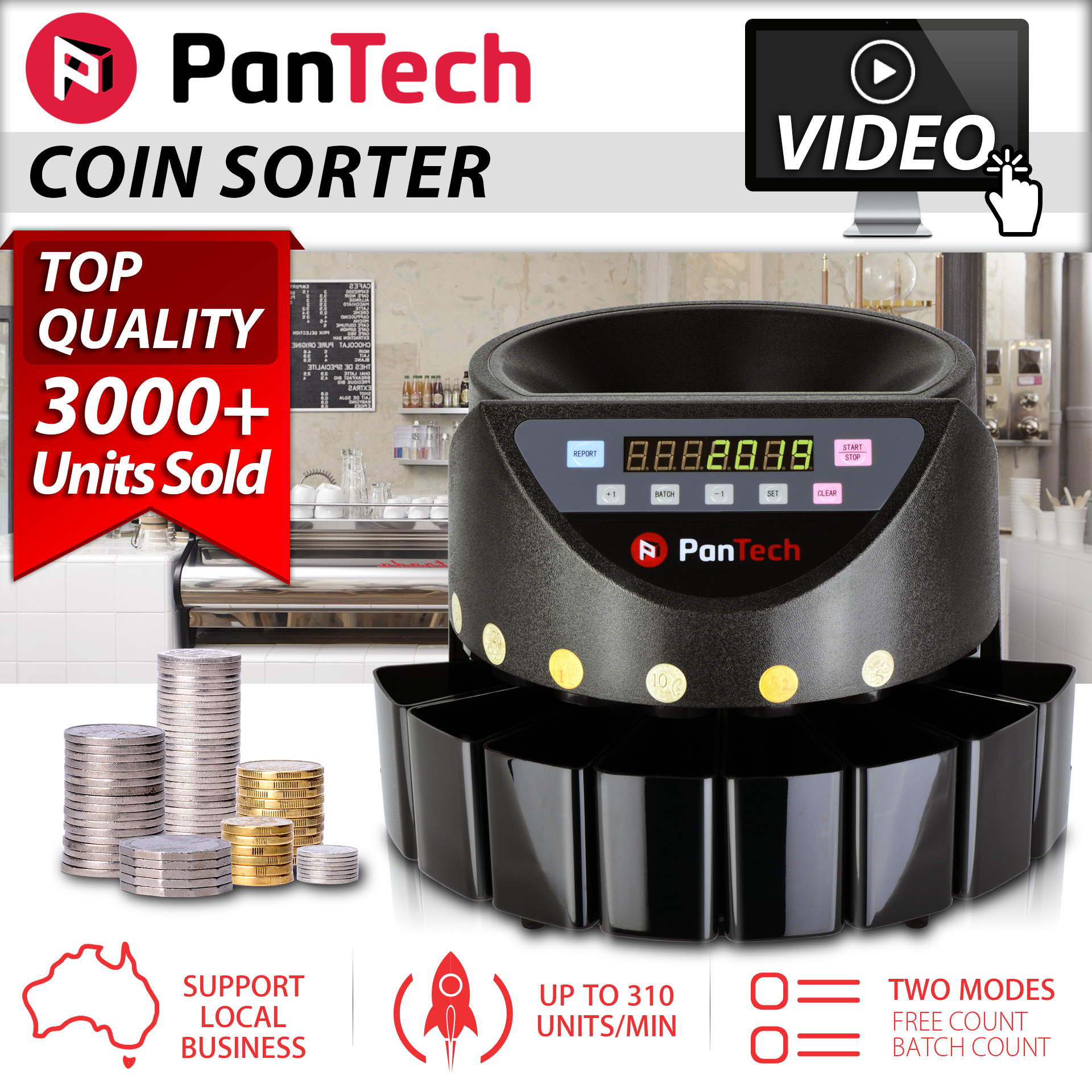 PanTech Australian Coin Sorter Coin Counter Machine Automatic Electronic PT-CSA-BLACK