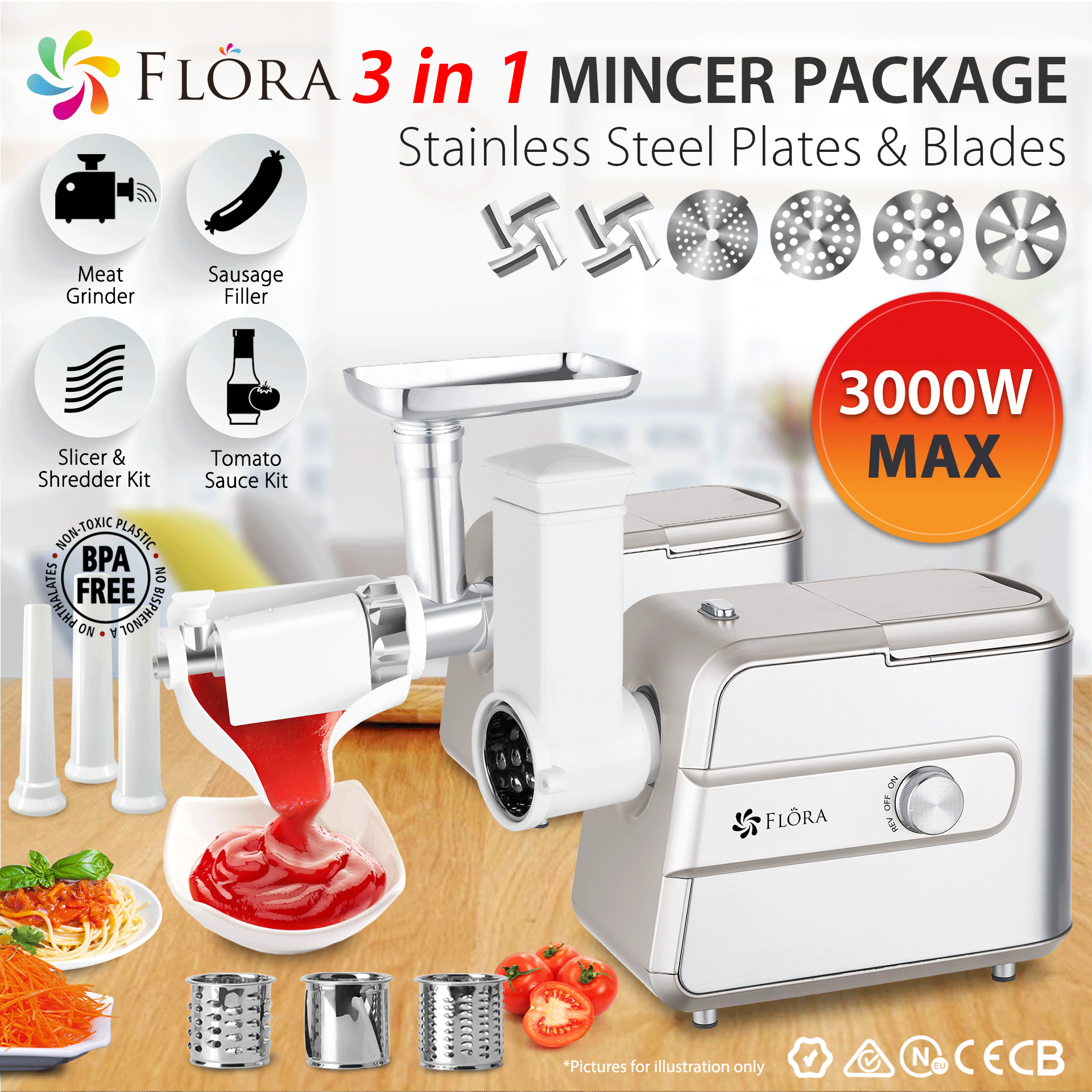 Flora Max 3000W Electric Meat Mincer Sausage Maker Slicer Shredder Tomato Sauce - AU STOCK