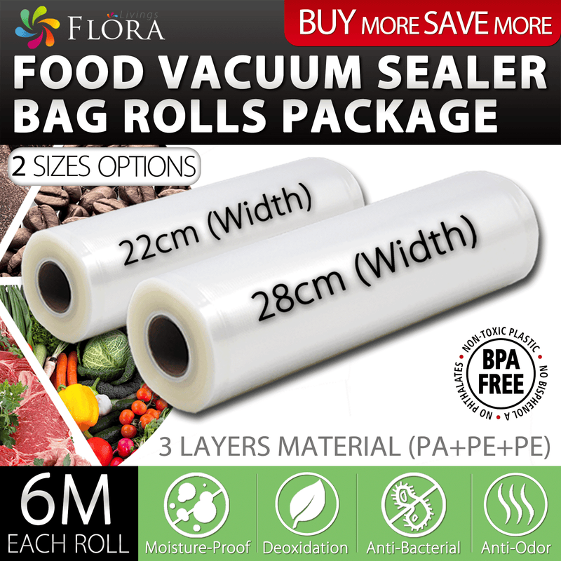Flora Food Vacuum Sealer Bag Roll Storage Saver Seal rolls 6M 22cm or 28cm.