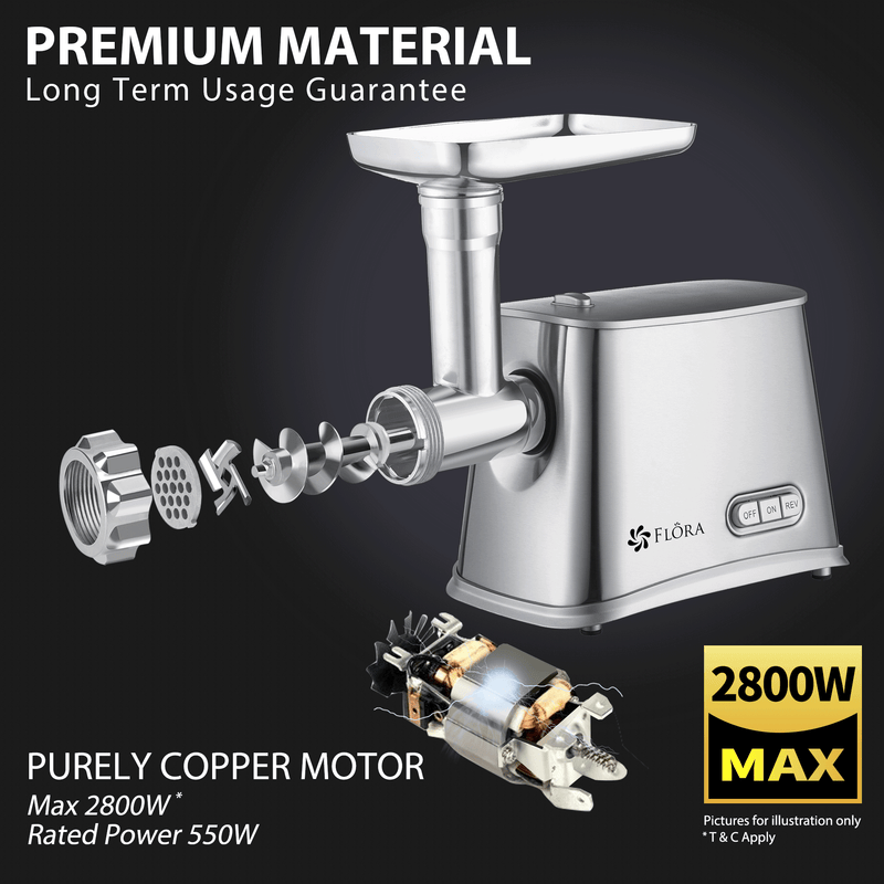 Flora Max 2800W Electric Meat Mincer Sausage Kibbeh Maker Slicer Shredder Kit-Elite Edition-Model: FL-MGM-GS550-AU Stock