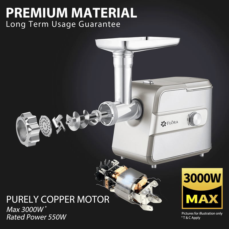 Flora Max 3000W Electric Meat Mincer Sausage Kibbeh Maker Slicer Shredder Kit-Premium Edition-Model: FL-MGM-GT550-AU Stock