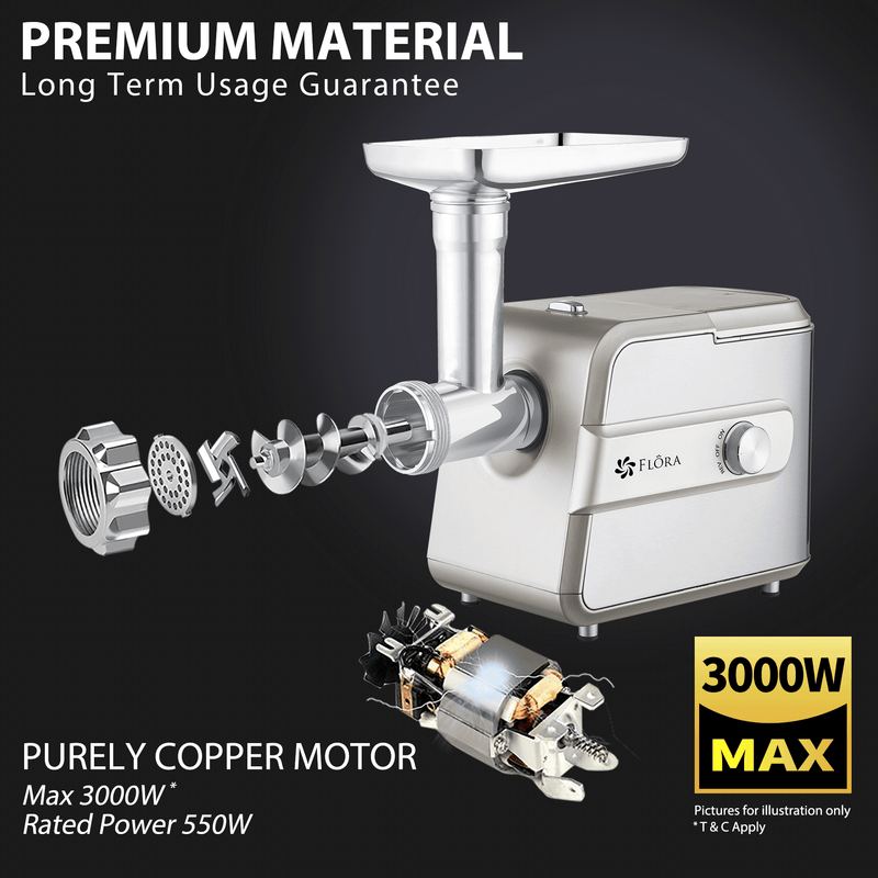 Flora Max 3000W Electric Meat Mincer Sausage Filler Kibbe Maker Tomato Sauce Kit-Premium Edition-Model: FL-MGM-GT550-AU Stock